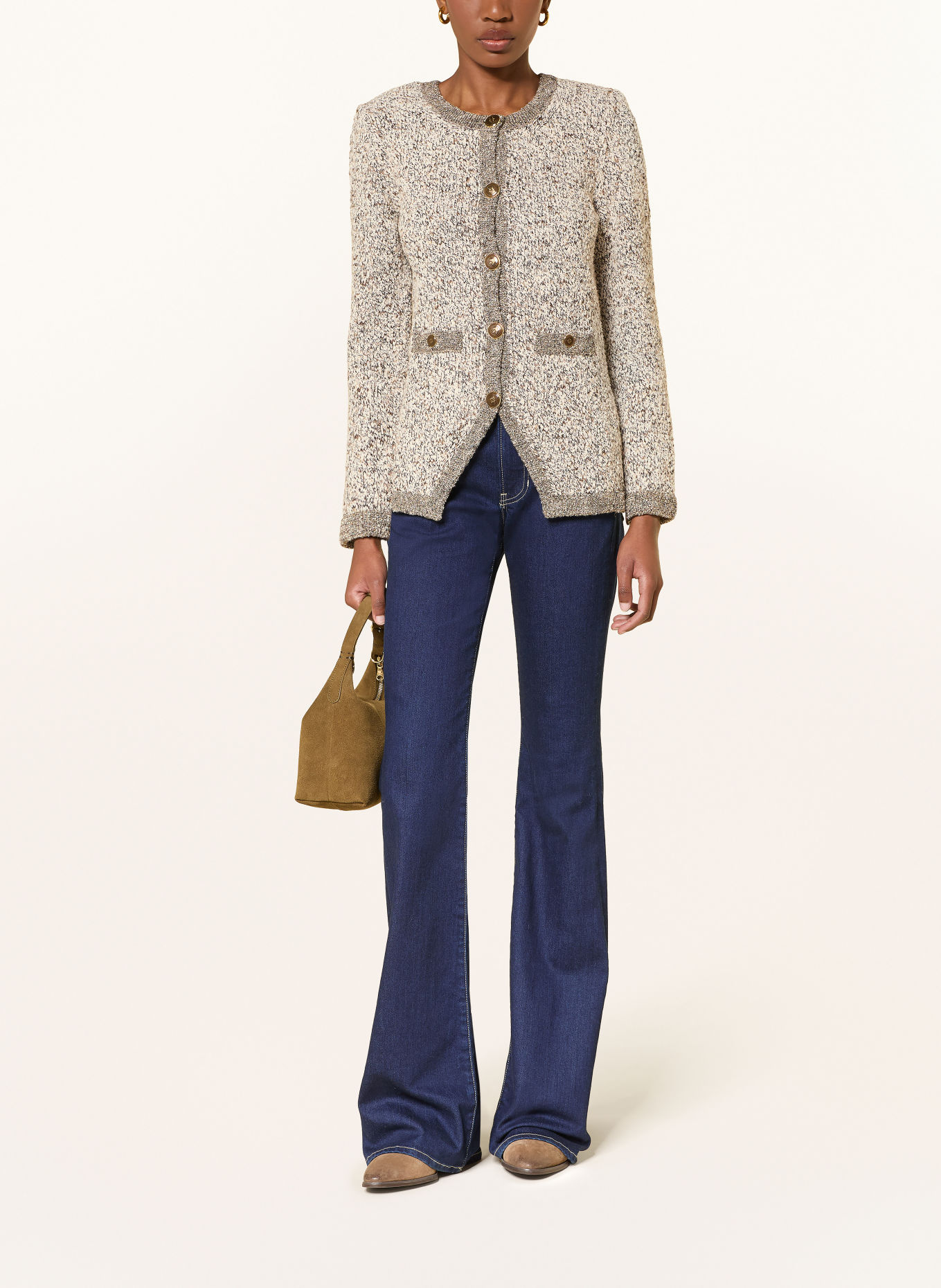 Veronica Beard REXTON cardigan made of bouclé with glitter yarn: BEIGE / DARK BROWN