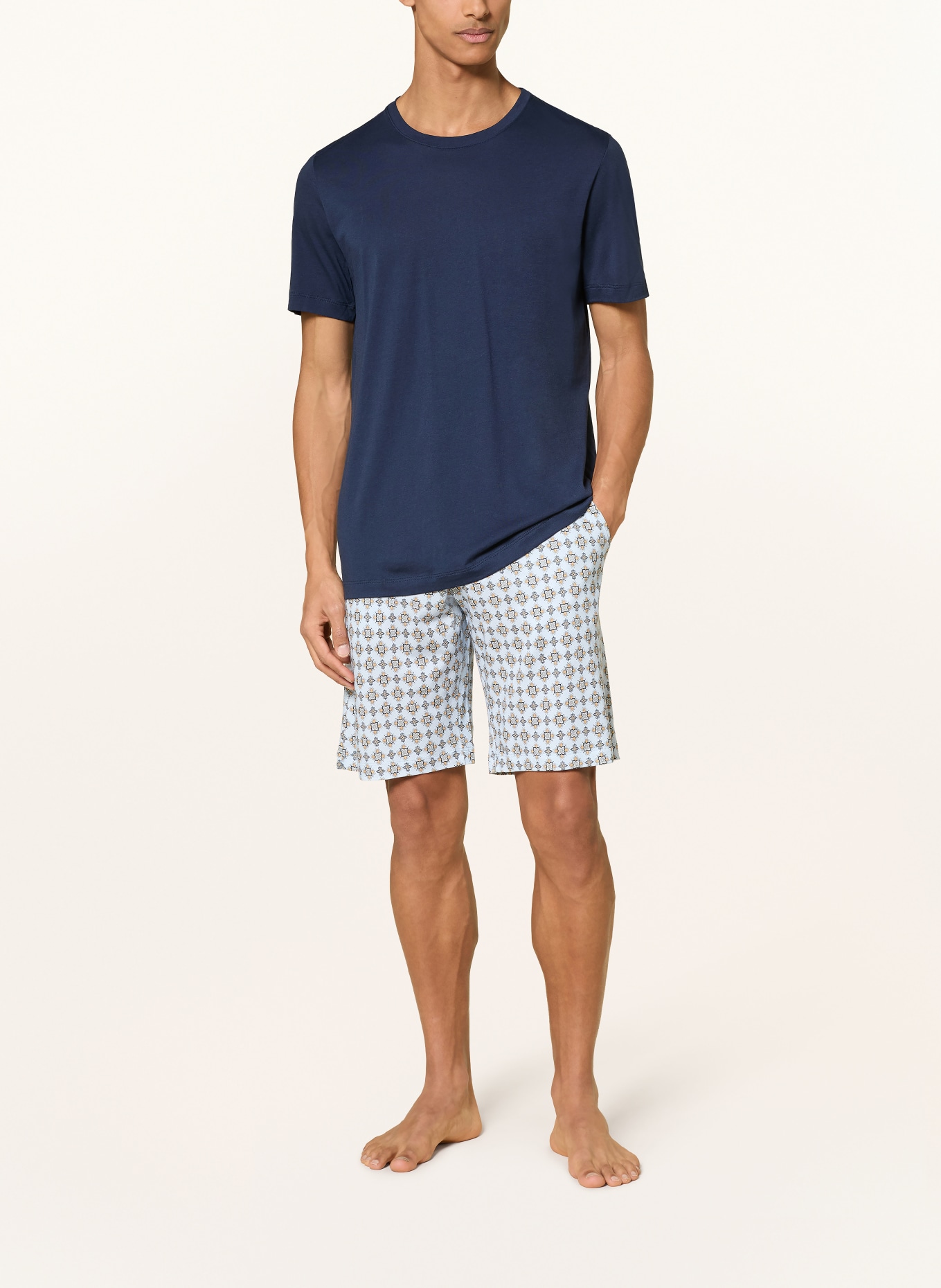 HANRO NIGHT &amp; DAY Shorty Pajamas: DARK BLUE / LIGHT ORANGE / LIGHT BLUE