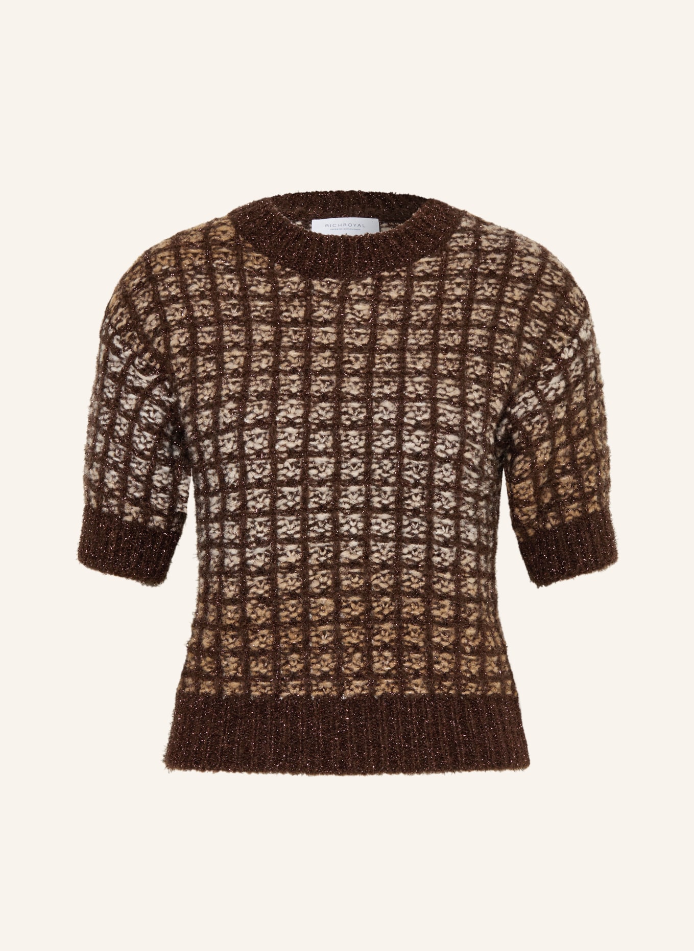 Rich & Royal Gebreid shirt met glittergaren: MARRON FONCÉ / CAMEL / ECRU