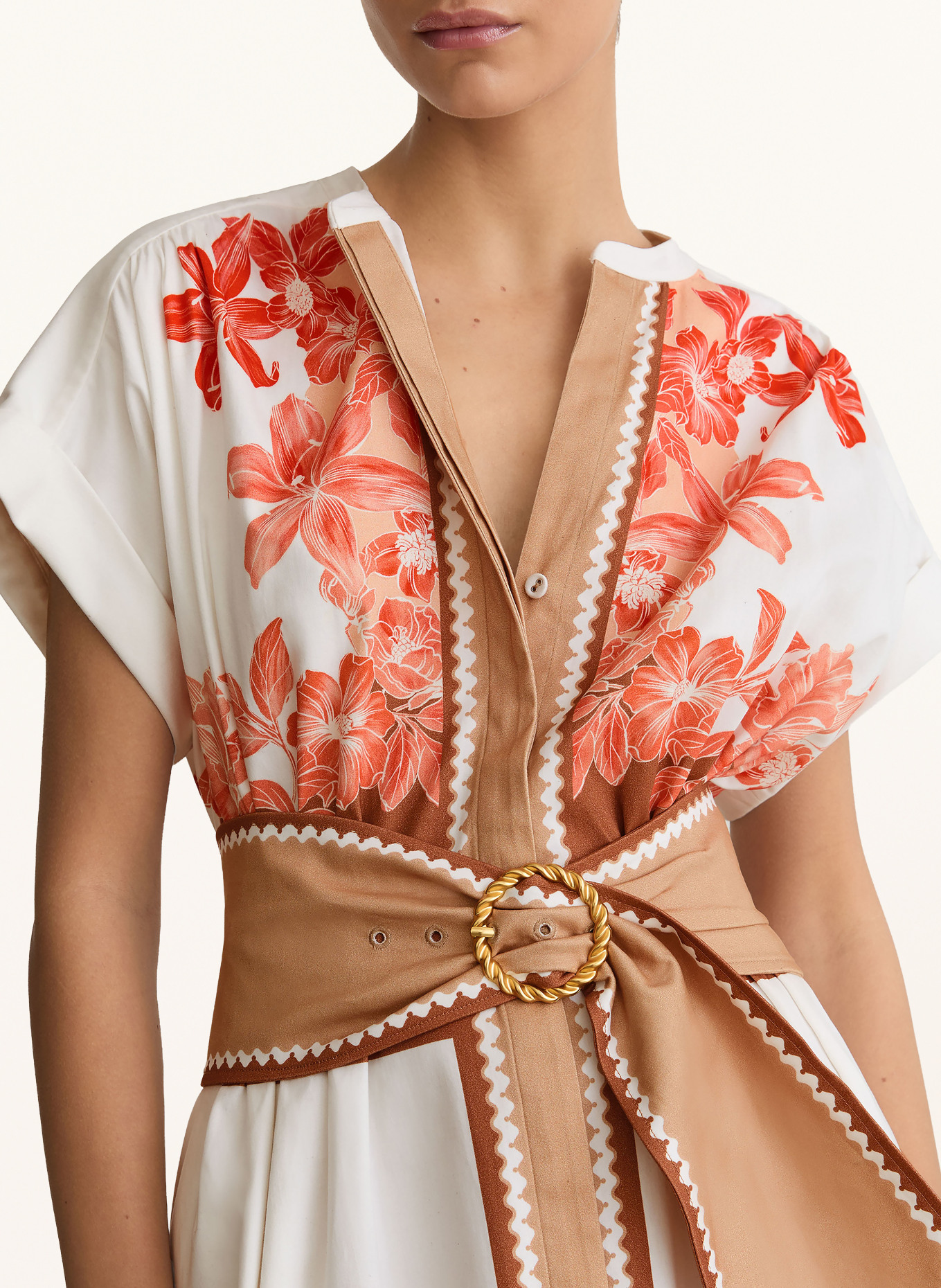 REISS Košilové šaty SAWYER: KRÉMOVÁ / HNĚDÁ / SVĚTLE ČERVENÁ