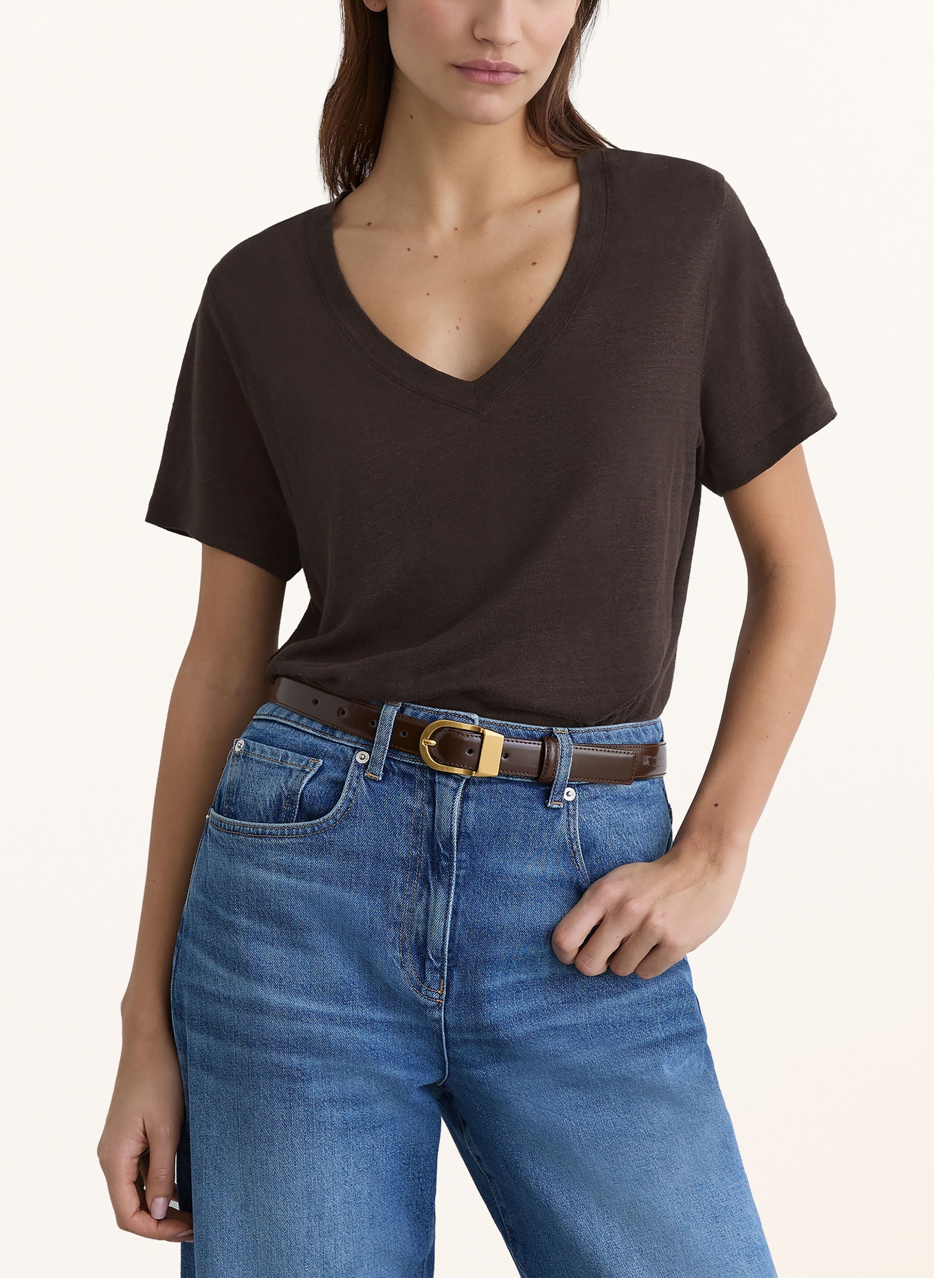 REISS T-Shirt LOLA aus Leinen: DUNKELBRAUN