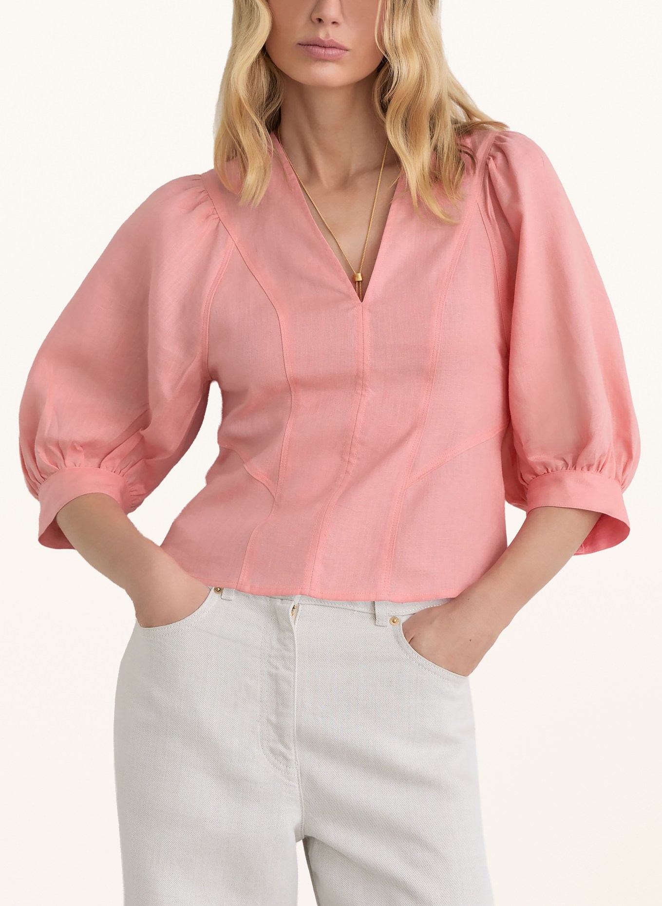 REISS EVIE-blouse van linnen met 3/4-mouwen: ROZE