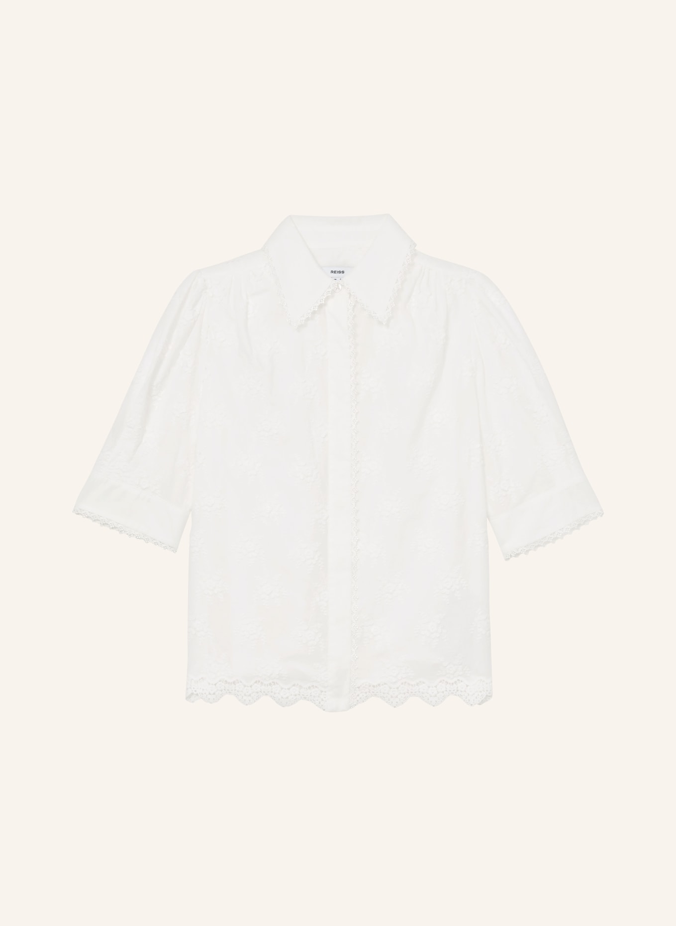 REISS Hemdbluse EDWINA mit Spitze und 3/4-Arm: WEISS