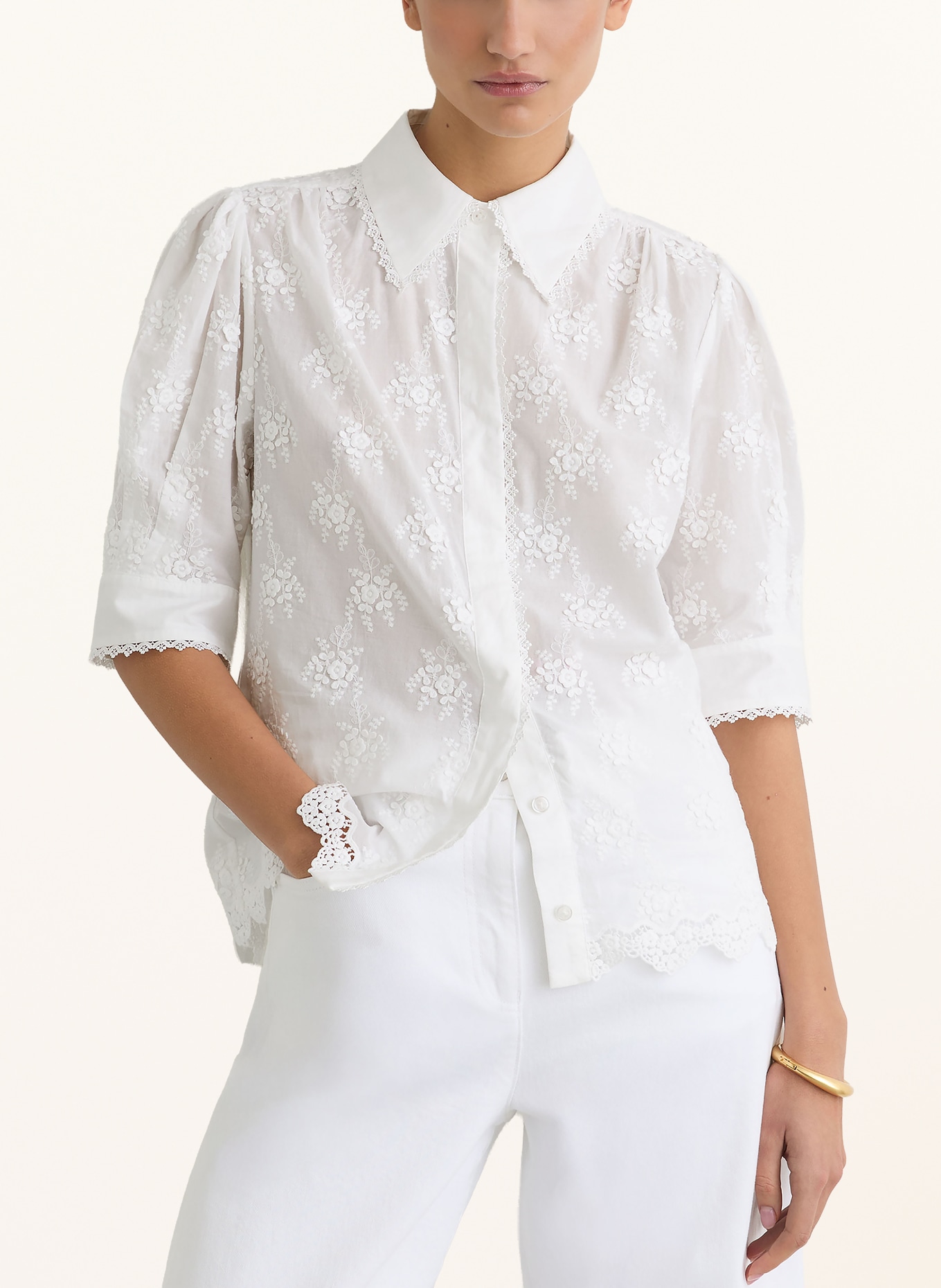 REISS Hemdbluse EDWINA mit Spitze und 3/4-Arm: WEISS