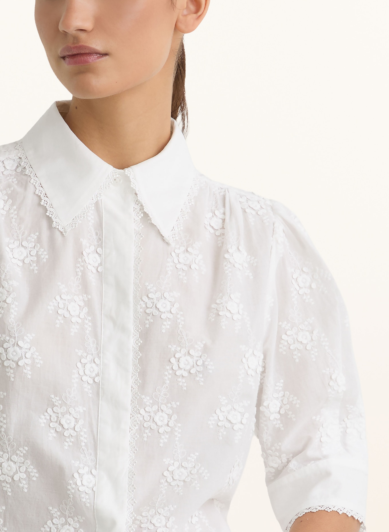 REISS Hemdbluse EDWINA mit Spitze und 3/4-Arm: WEISS