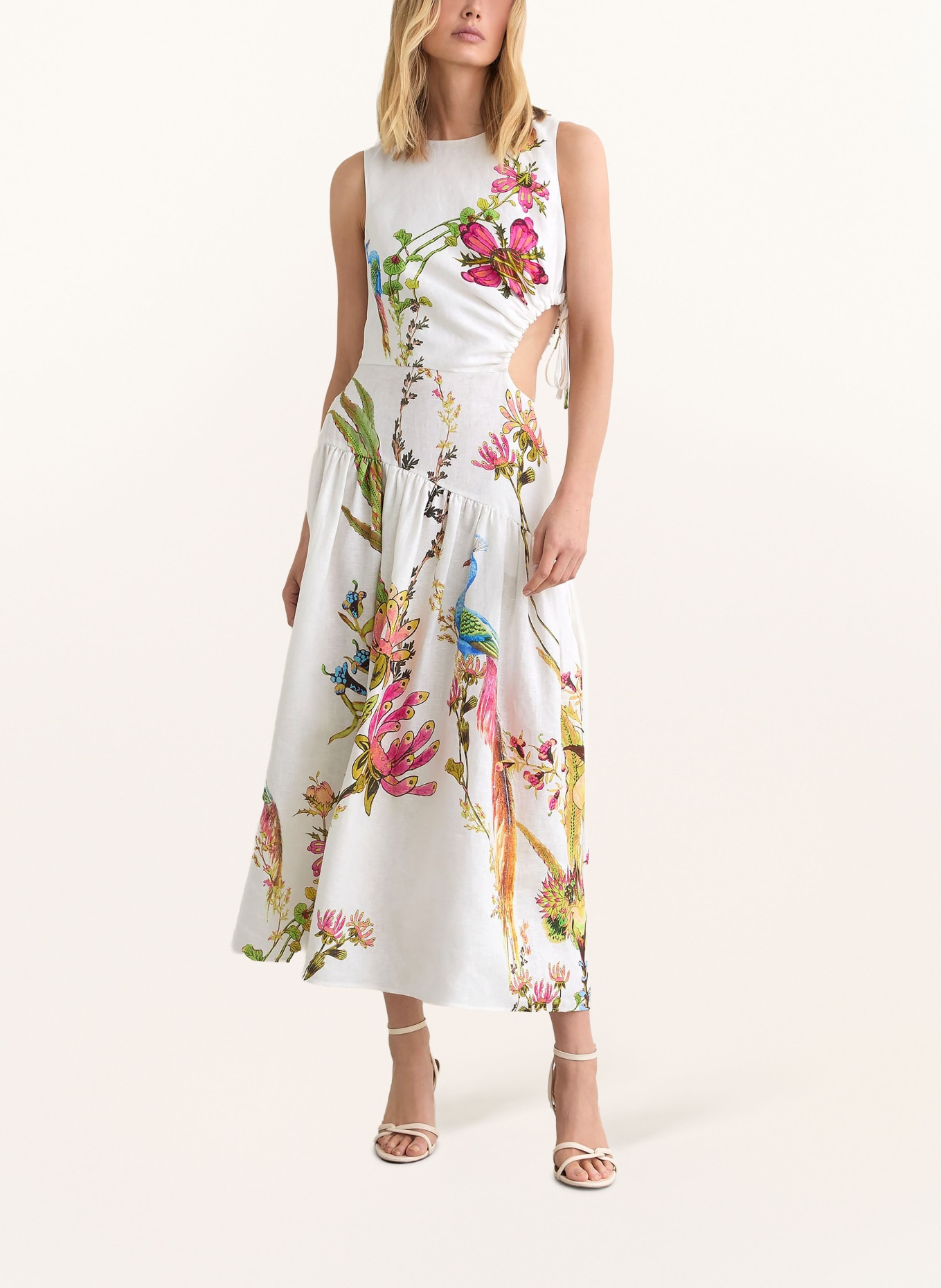 REISS Lněné šaty BIANCA s výřezem: BÍLÁ / FIALOVÁ / ZELENÁ