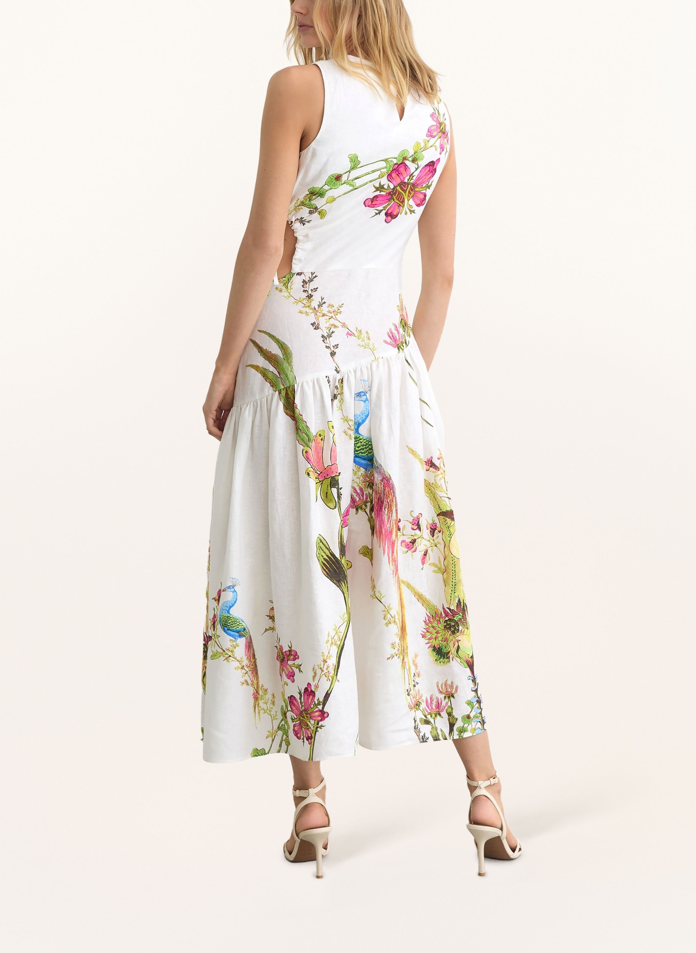 REISS Lněné šaty BIANCA s výřezem: BÍLÁ / FIALOVÁ / ZELENÁ