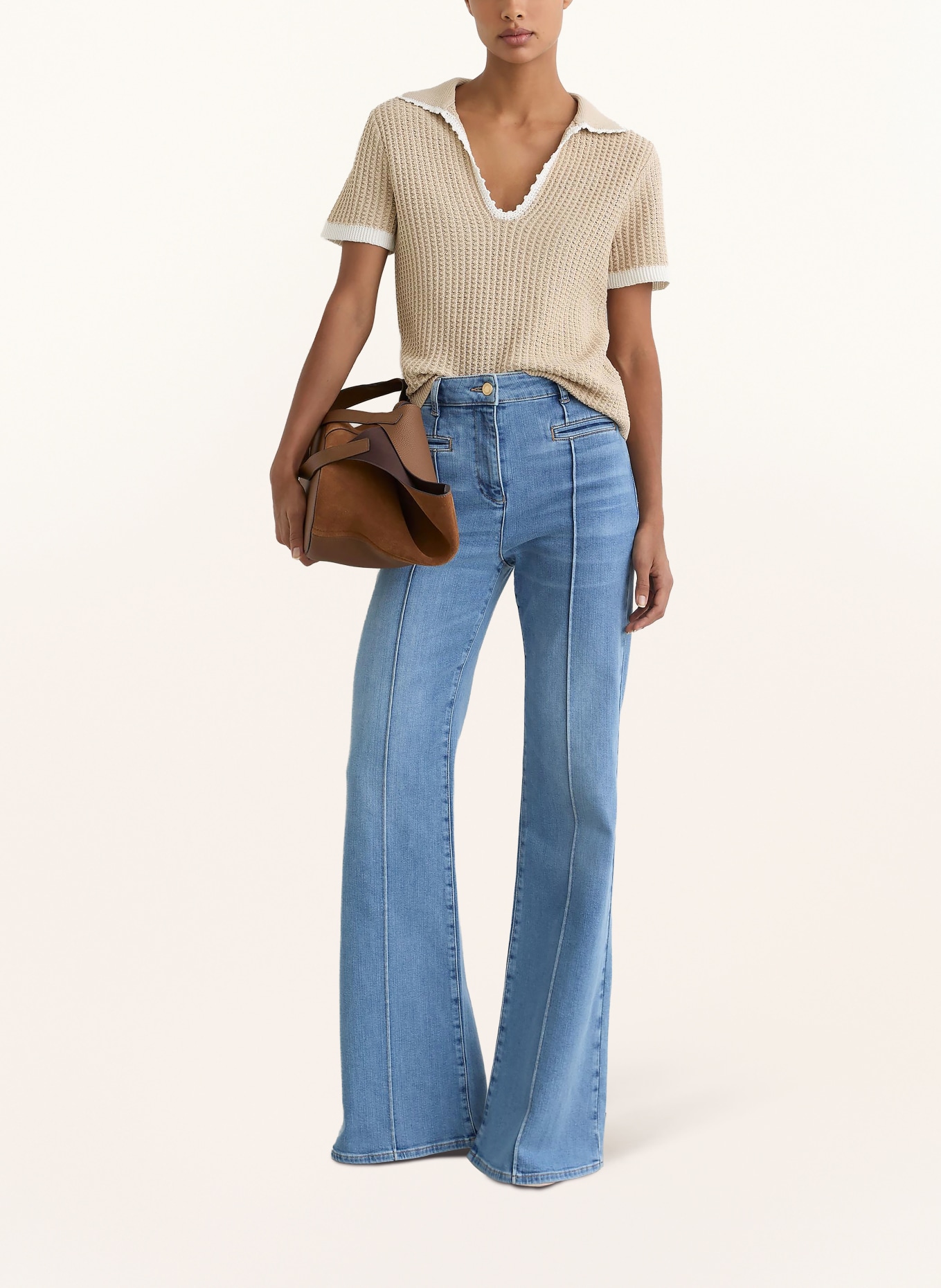 REISS Strick-Poloshirt OTTILIE: HELLBRAUN / WEISS