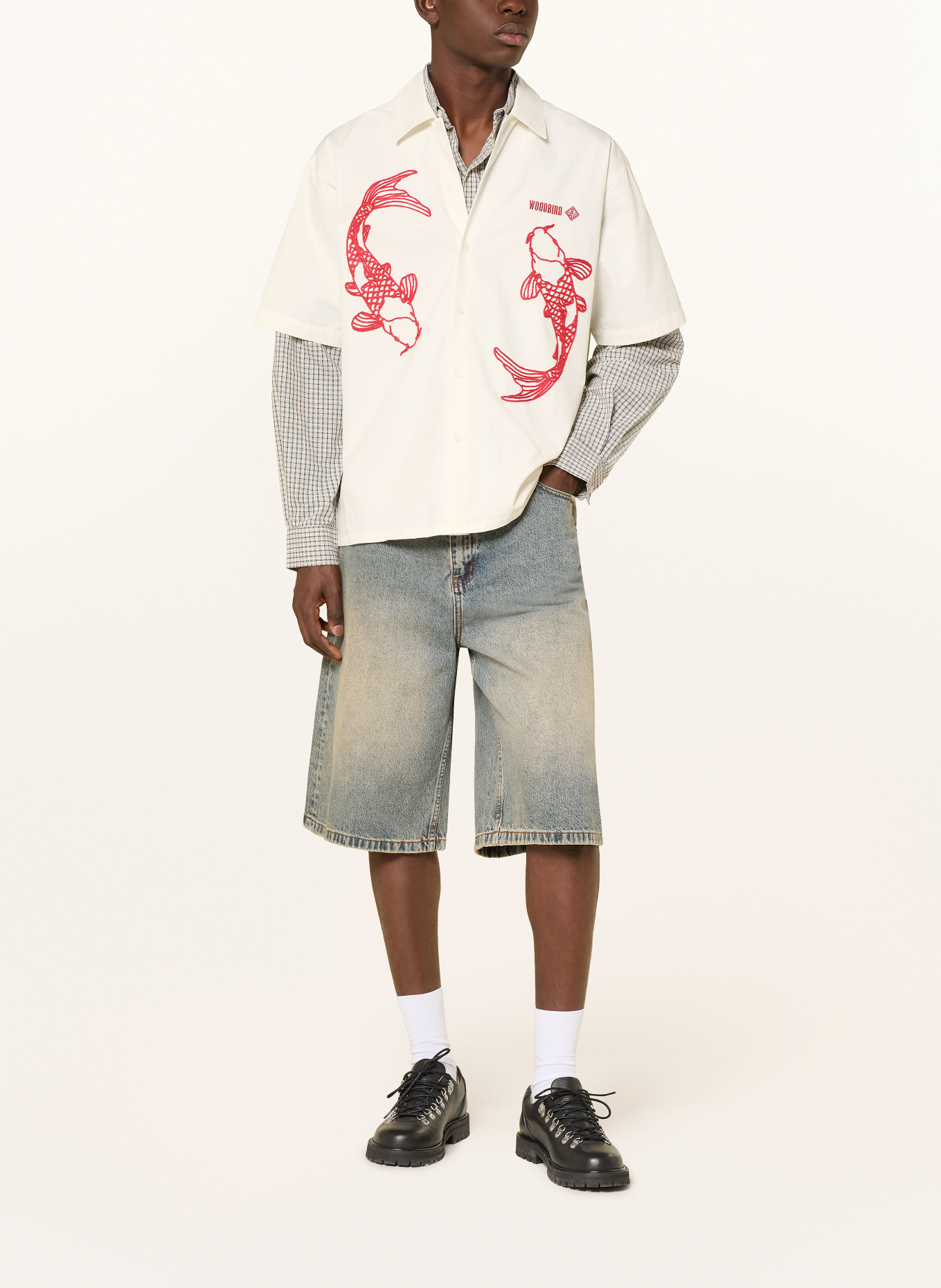 WOODBIRD Chemise à manches courtes WBWANG Comfort Fit: ÉCRU / ROUGE