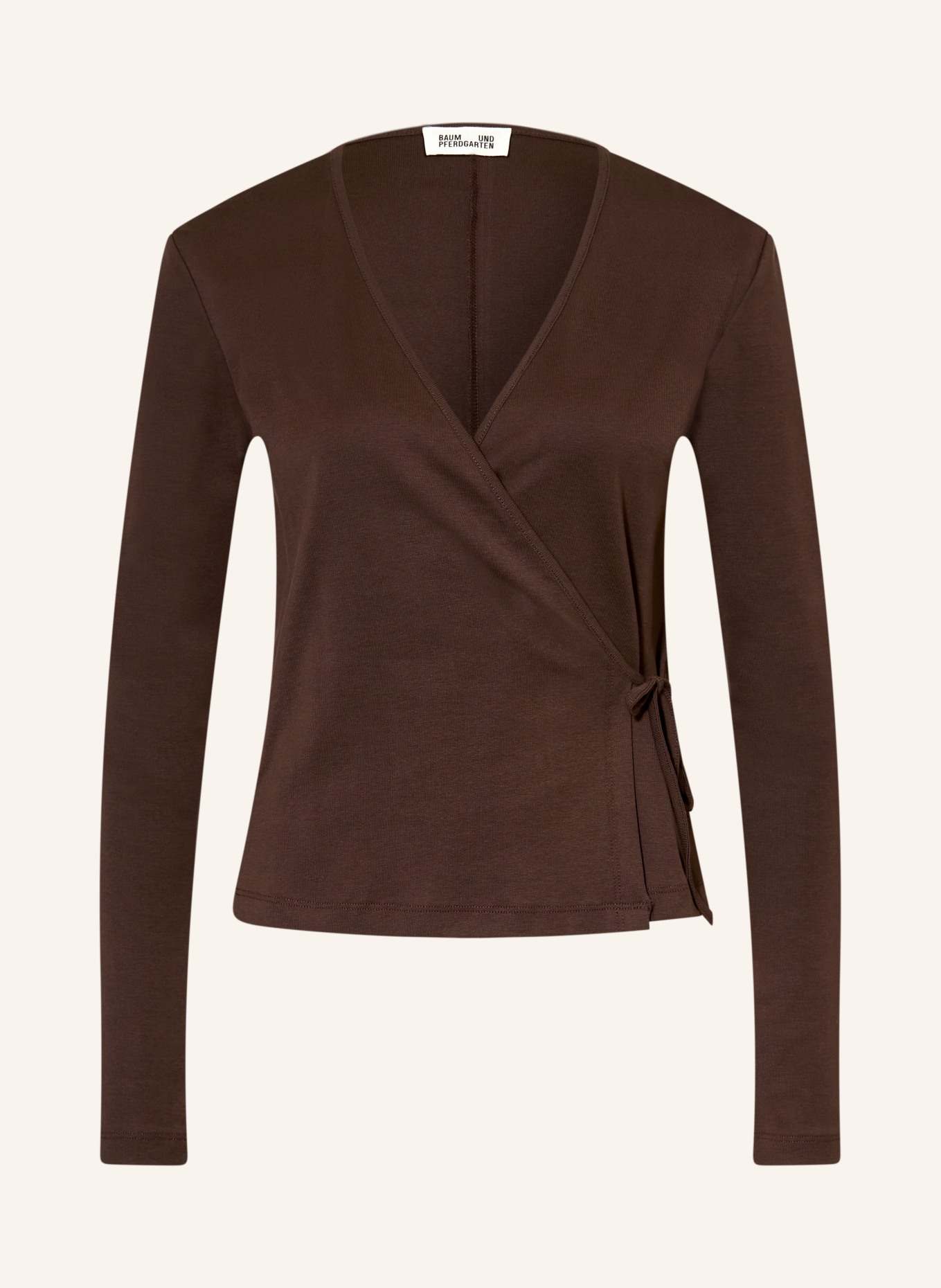 BAUM UND PFERDGARTEN JOVINA-shirt met lange mouwen in wikkelstijl: MARRON FONCÉ