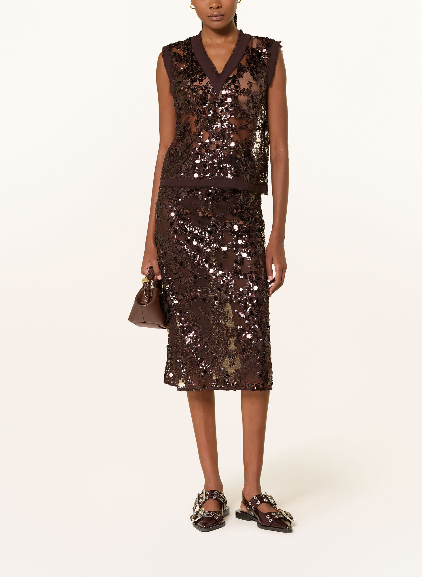 BAUM UND PFERDGARTEN MANIRE mesh top with sequins: DARK BROWN