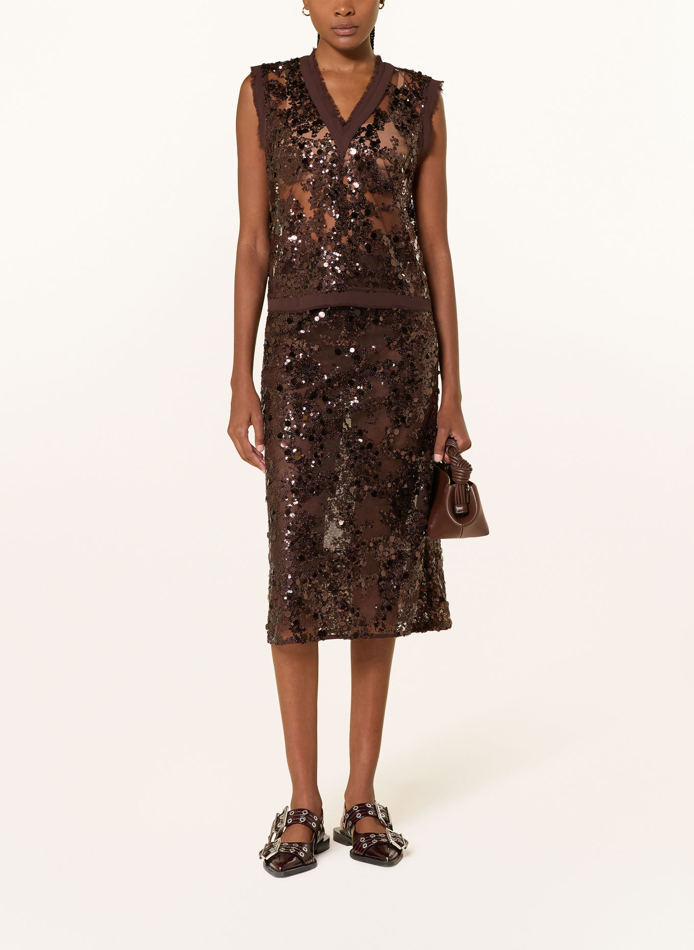 BAUM UND PFERDGARTEN SHANIA mesh skirt with sequins: DARK BROWN