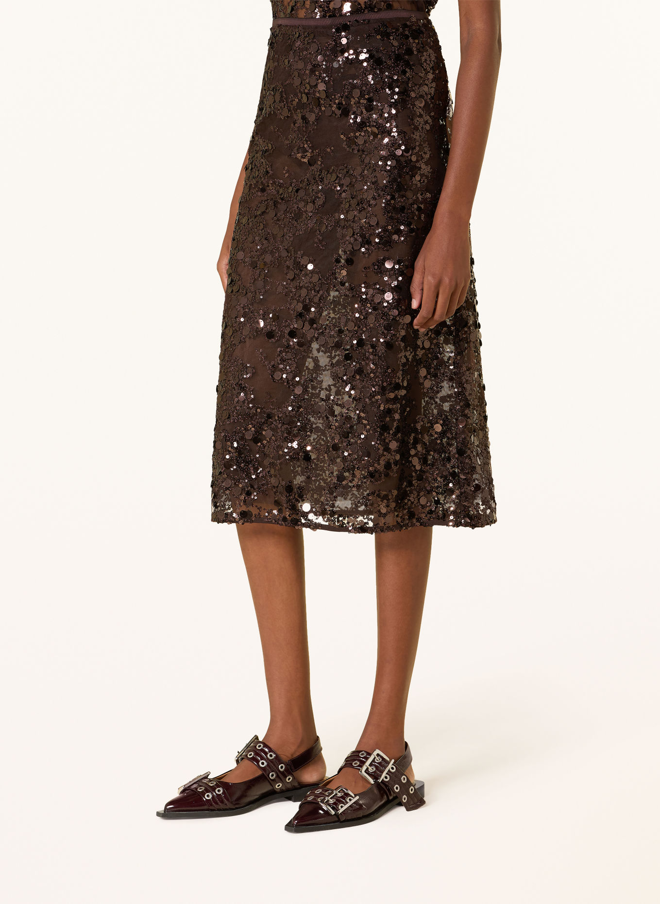 BAUM UND PFERDGARTEN SHANIA mesh skirt with sequins: DARK BROWN