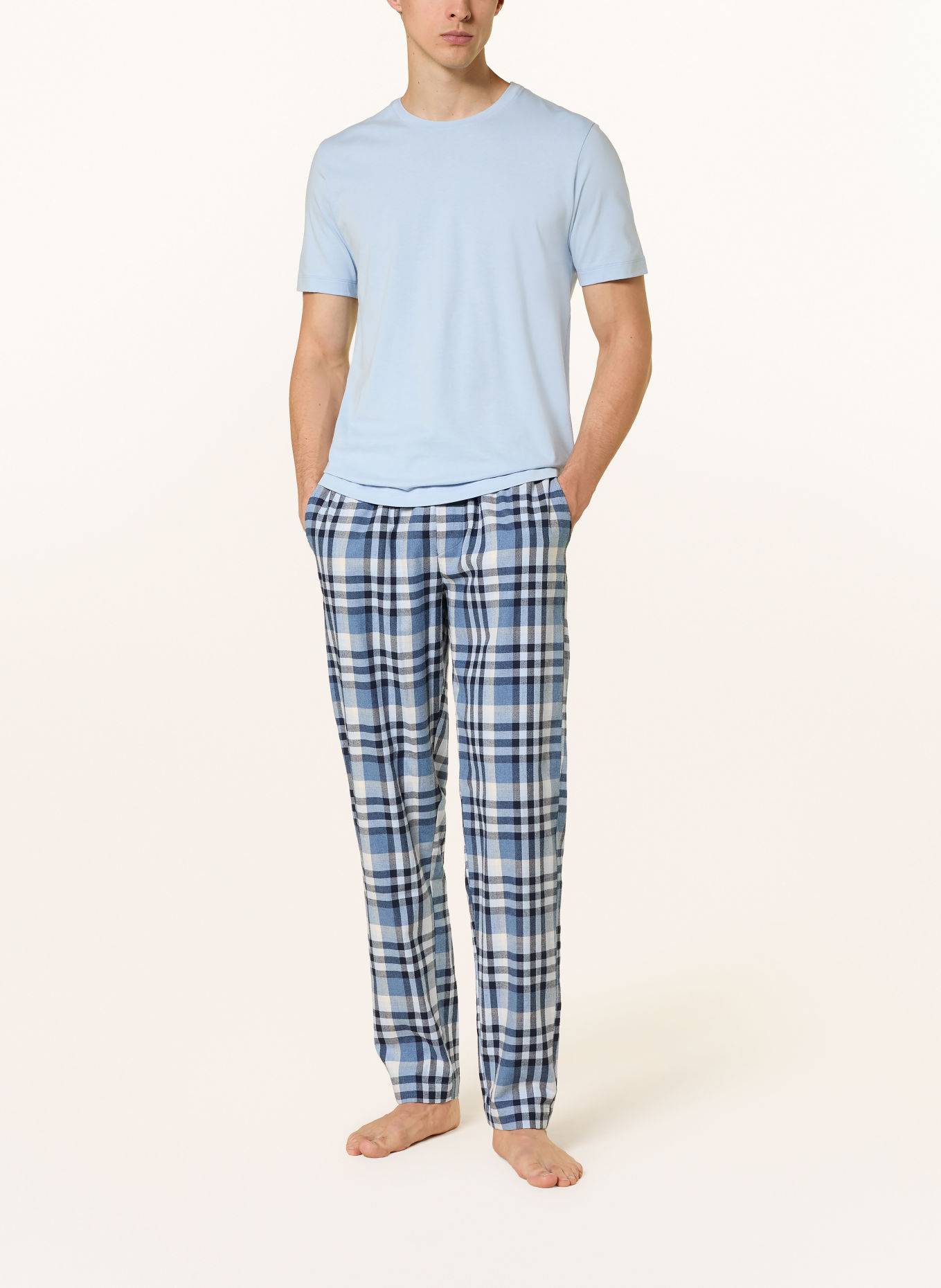 HANRO Pantaloni de dormit COZY COMFORT din flanelă: ALBASTRU / ALBASTRU DESCHIS / ALB