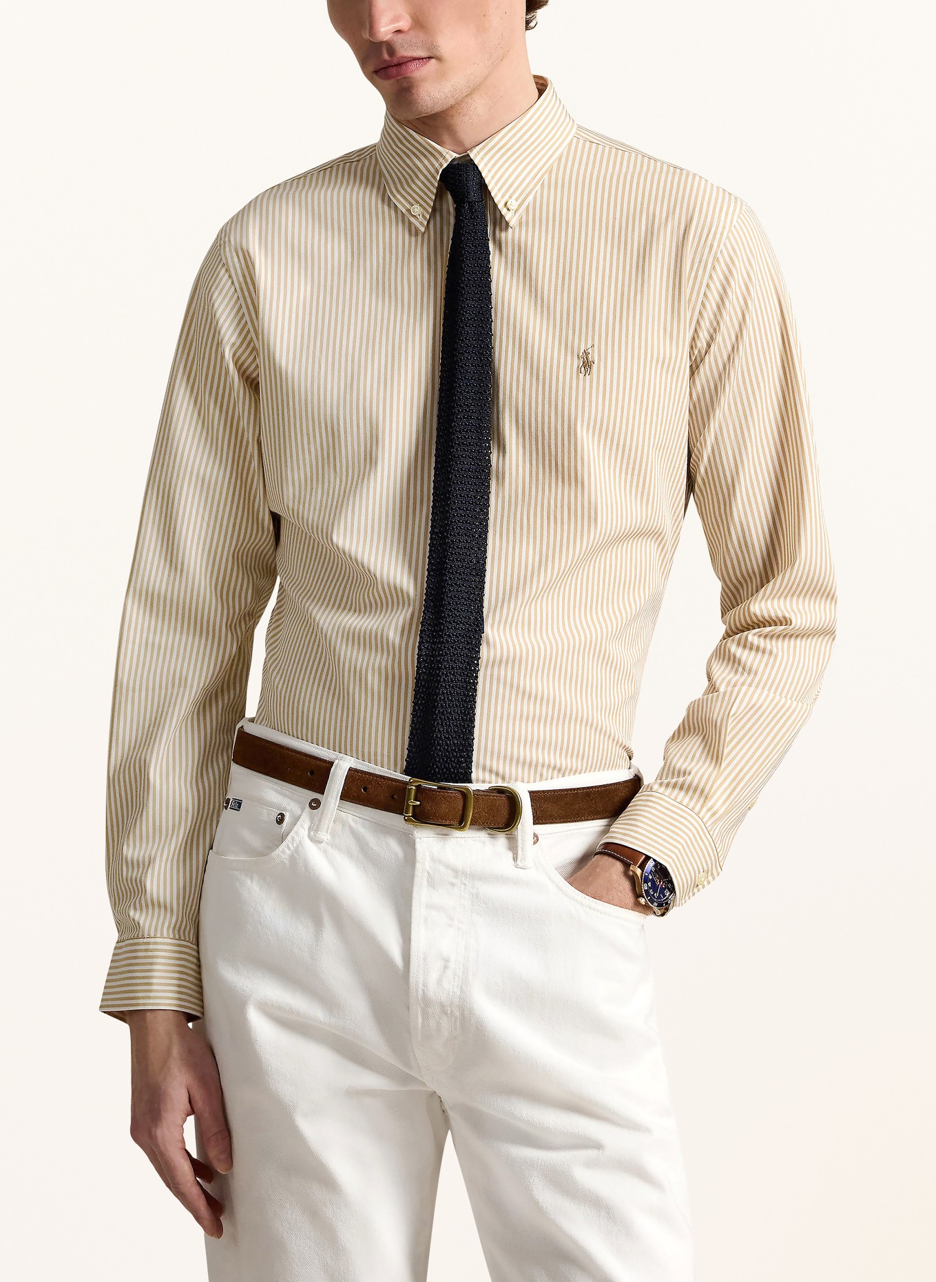 POLO RALPH LAUREN Košile Custom Fit: BÉŽOVÁ / BÍLÁ