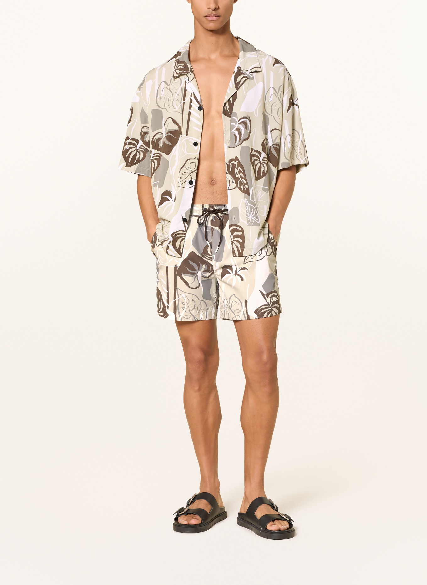 HUGO Resorthemd Relaxed Fit: BEIGE / BRAUN / WEISS