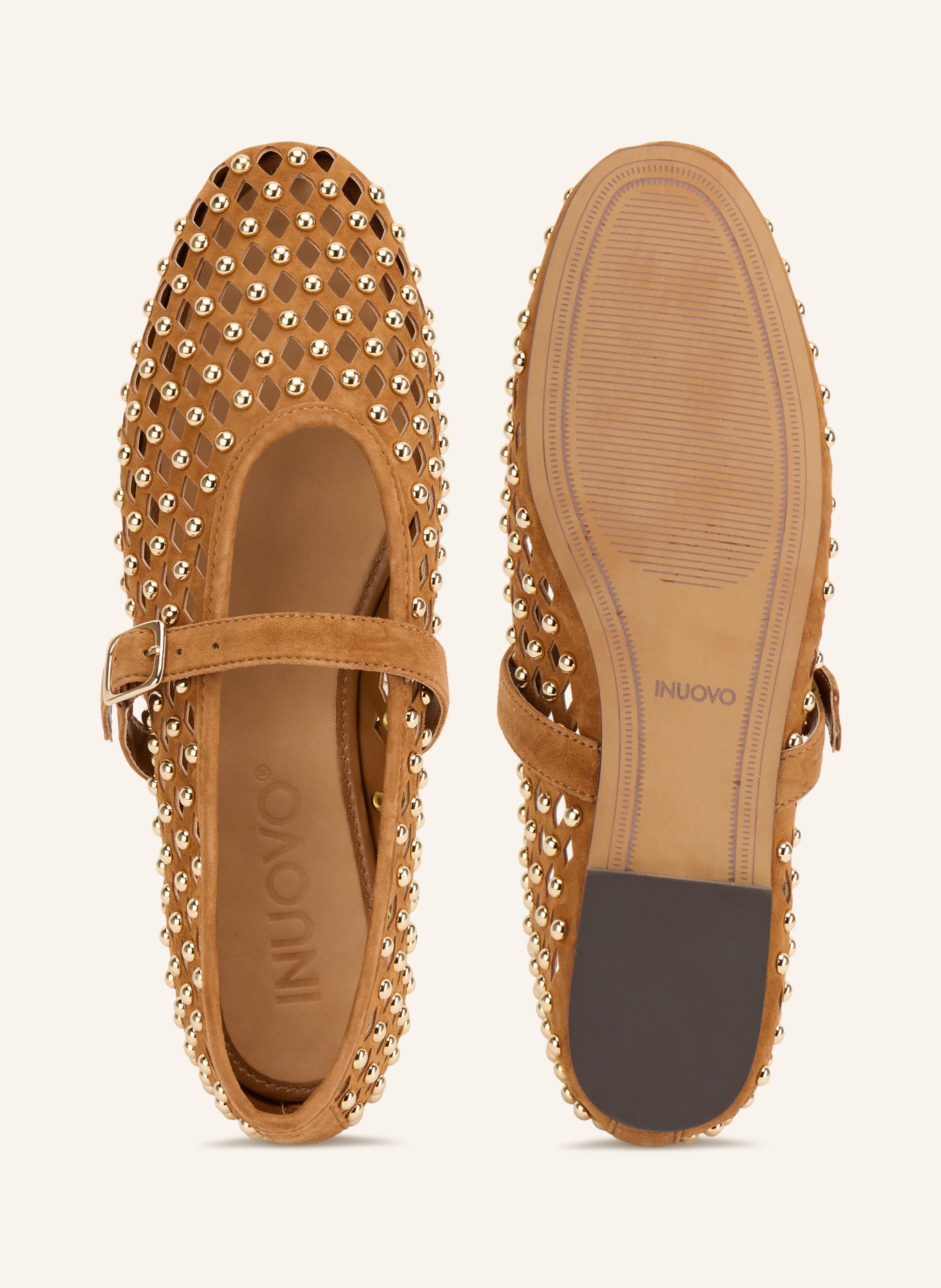 INUOVO Mary Jane ballet flats with rivets: CAMEL / GOLD