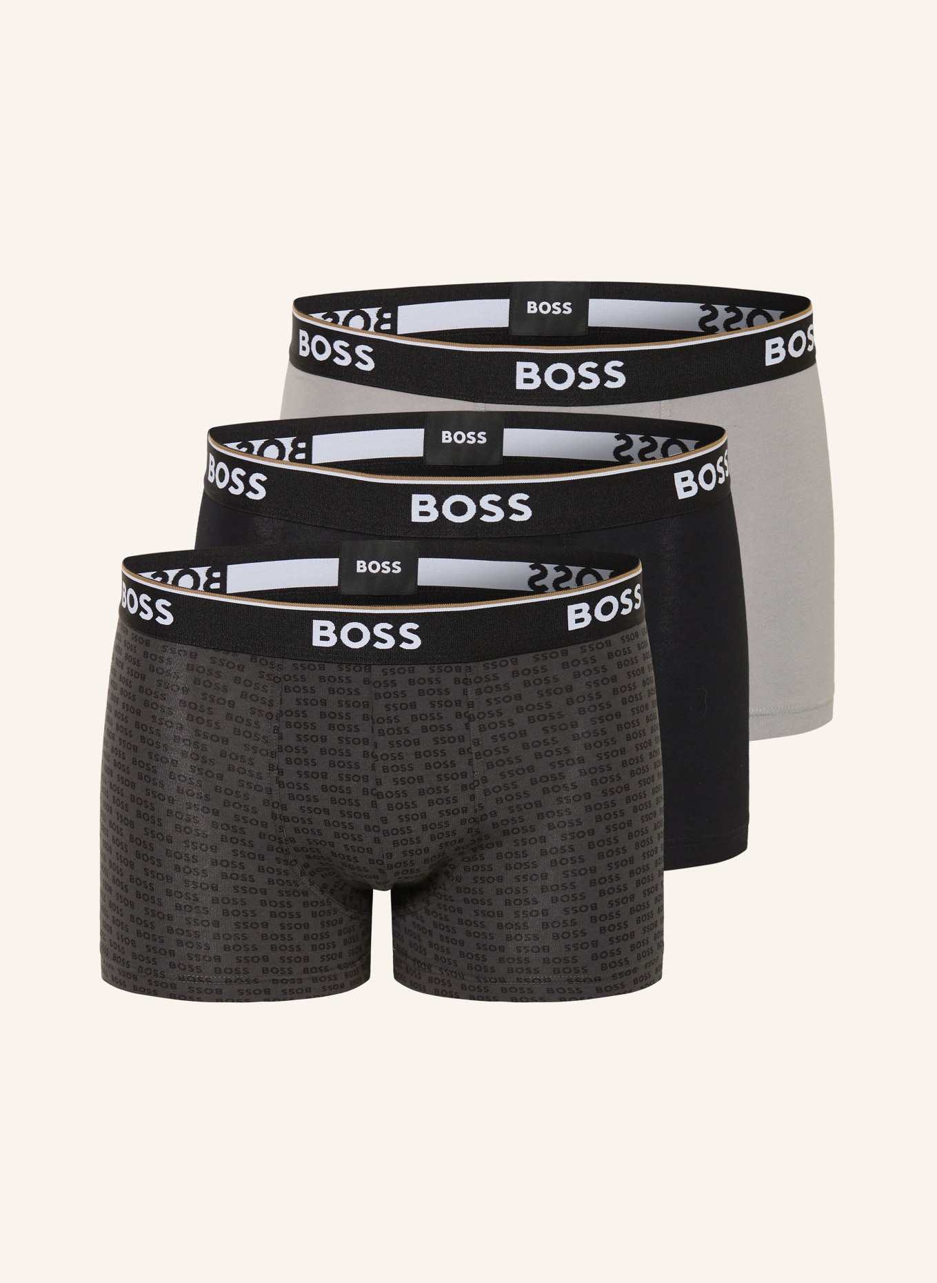 BOSS Lot de 3 boxers POWER: GRIS CLAIR / GRIS FONCÉ / NOIR