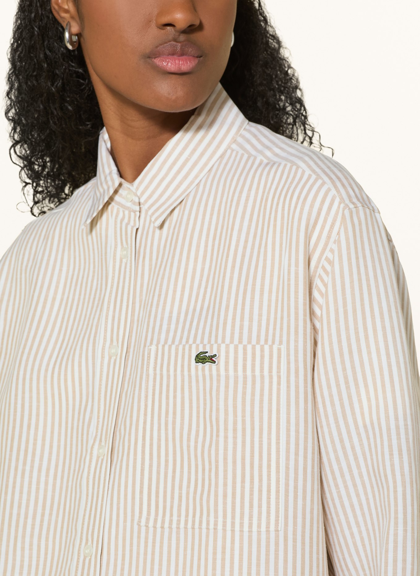 LACOSTE Linen shirt blouse: BEIGE / WHITE