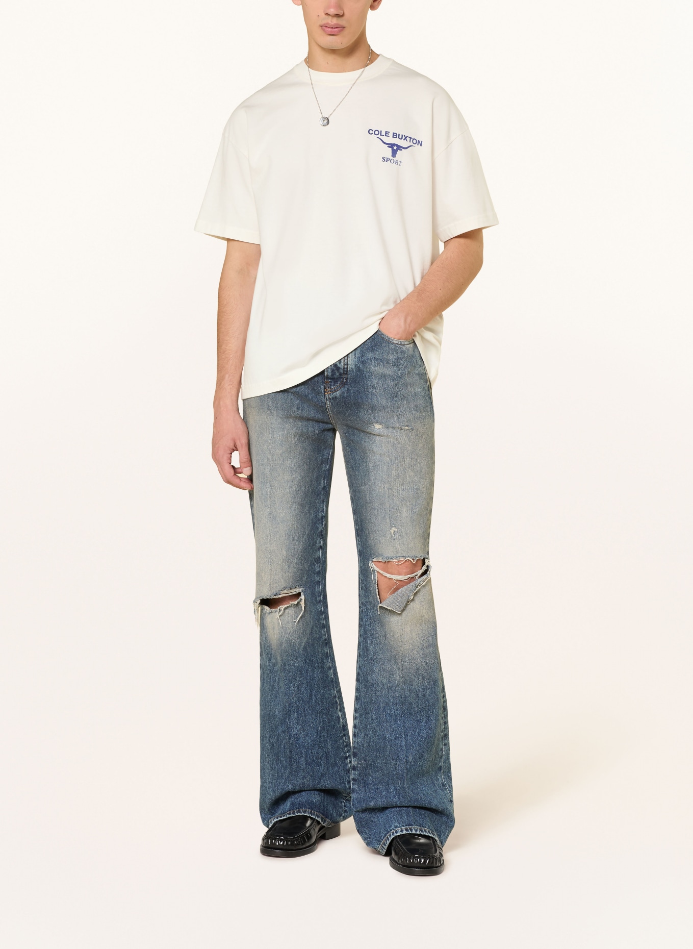 COLE BUXTON T-shirt LONGHORN: CRÈME / BLEU FONCÉ