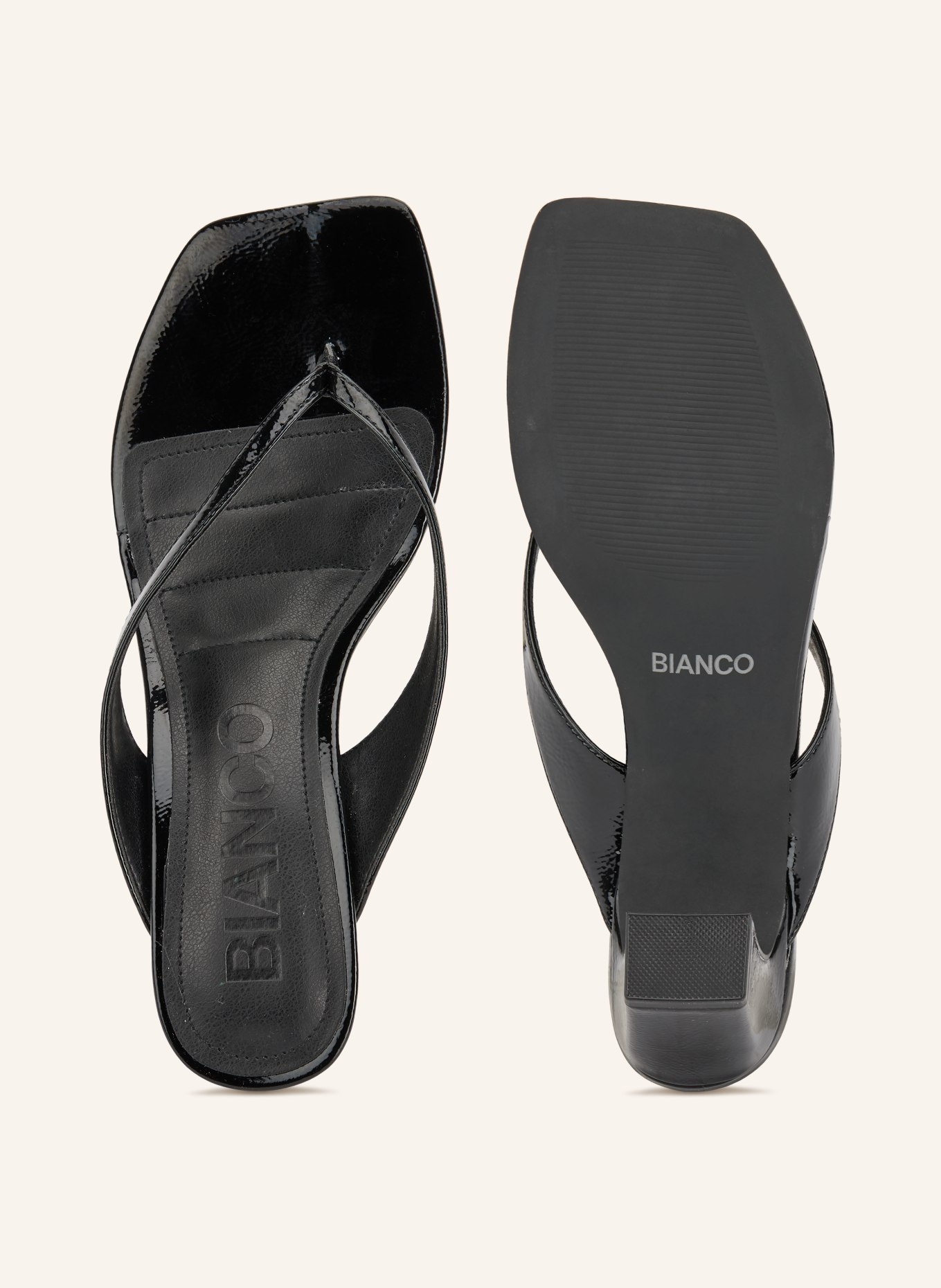 BIANCO Patent leather toe-separator sandals: BLACK