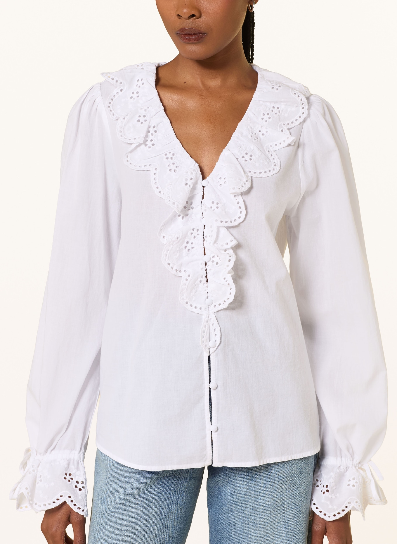 LADNERI Blouse with ruffles and eyelet lace: WHITE