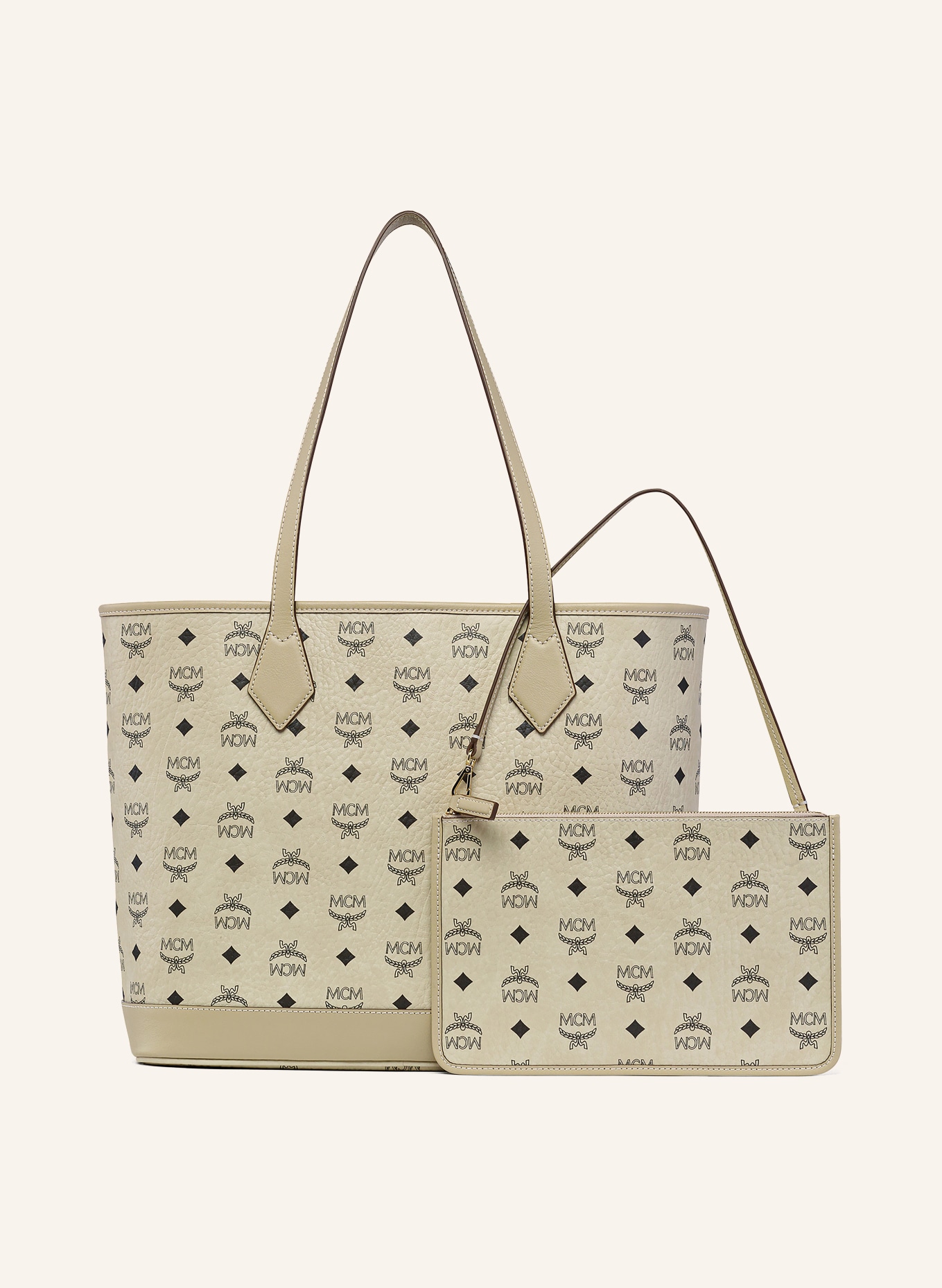 MCM Shopper LIZ MEDIUM mit Pouch: CREME / SCHWARZ