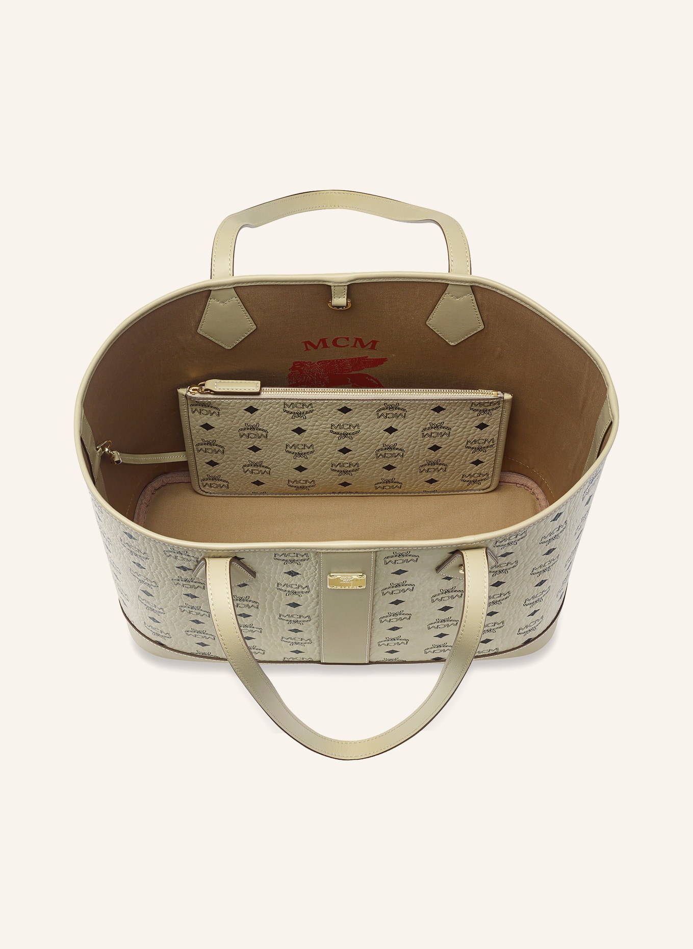MCM Shopper LIZ MEDIUM mit Pouch: CREME / SCHWARZ