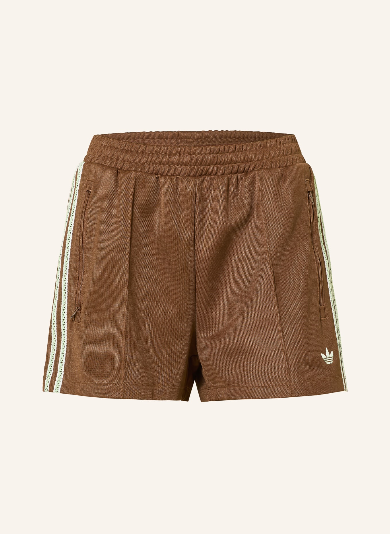 adidas Originals SUMMER GLOW Shorts with Galon Stripes: BROWN / LIGHT GREEN / WHITE