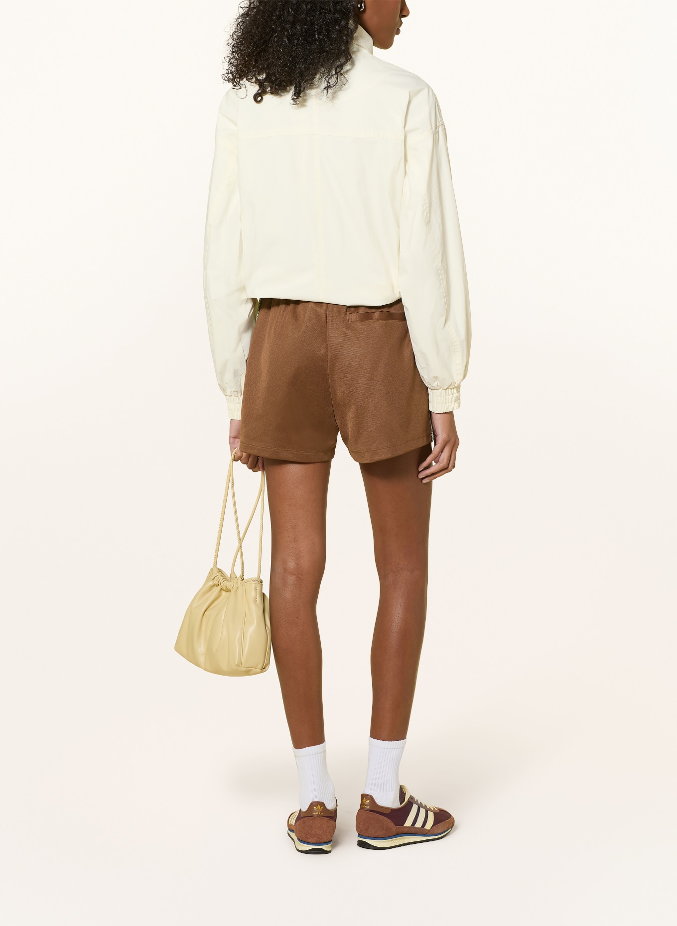 adidas Originals SUMMER GLOW Shorts with Galon Stripes: BROWN / LIGHT GREEN / WHITE