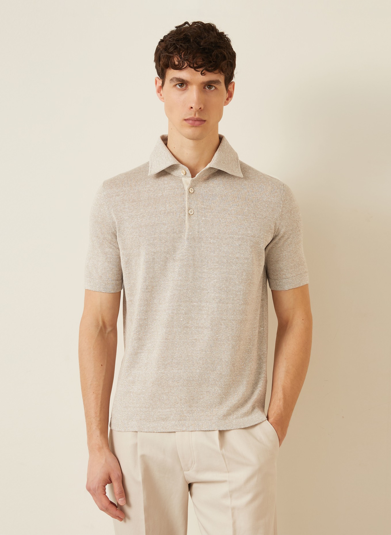 FIORONI Knit polo shirt with linen: BEIGE