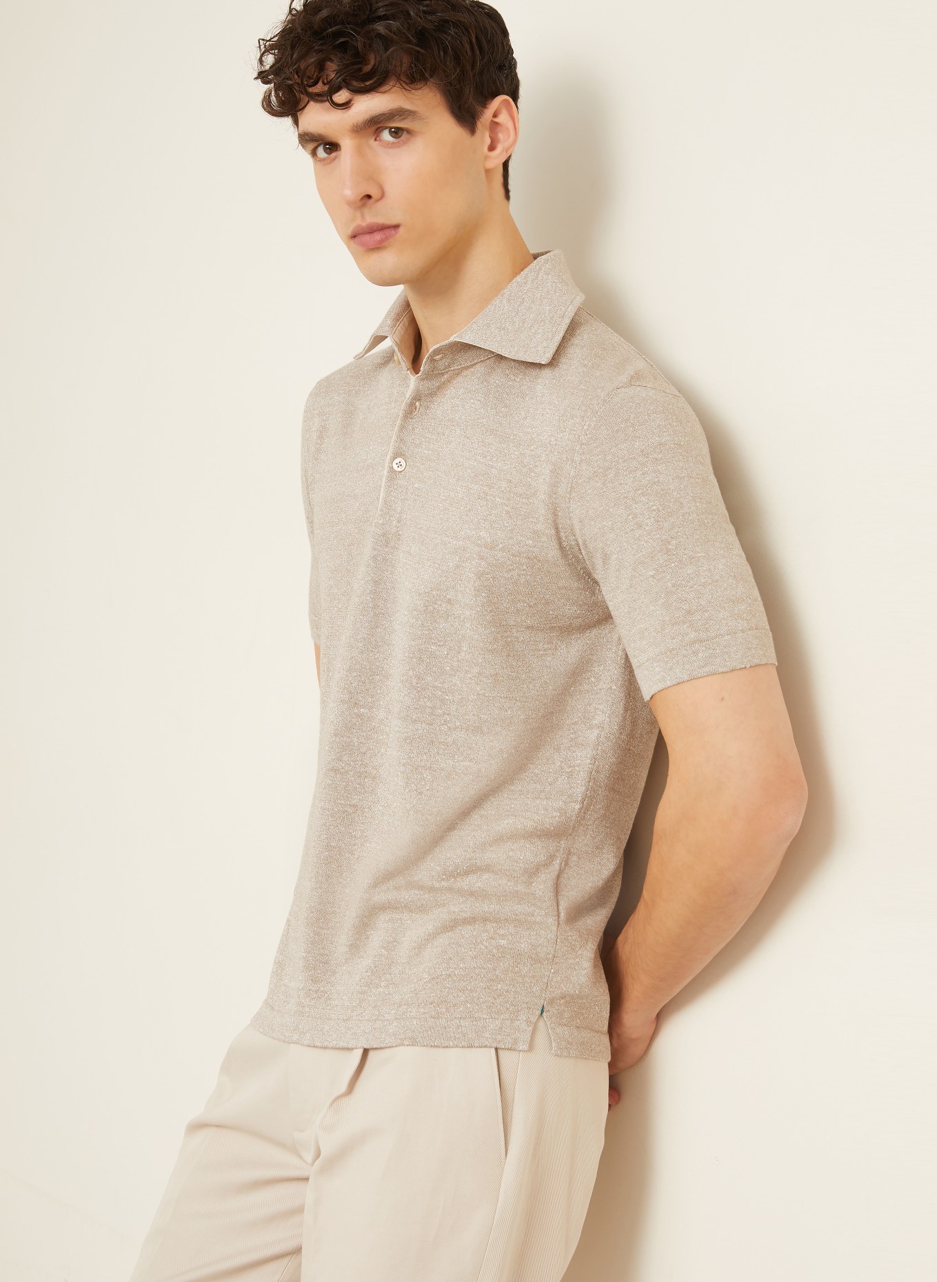 FIORONI Knit polo shirt with linen: BEIGE