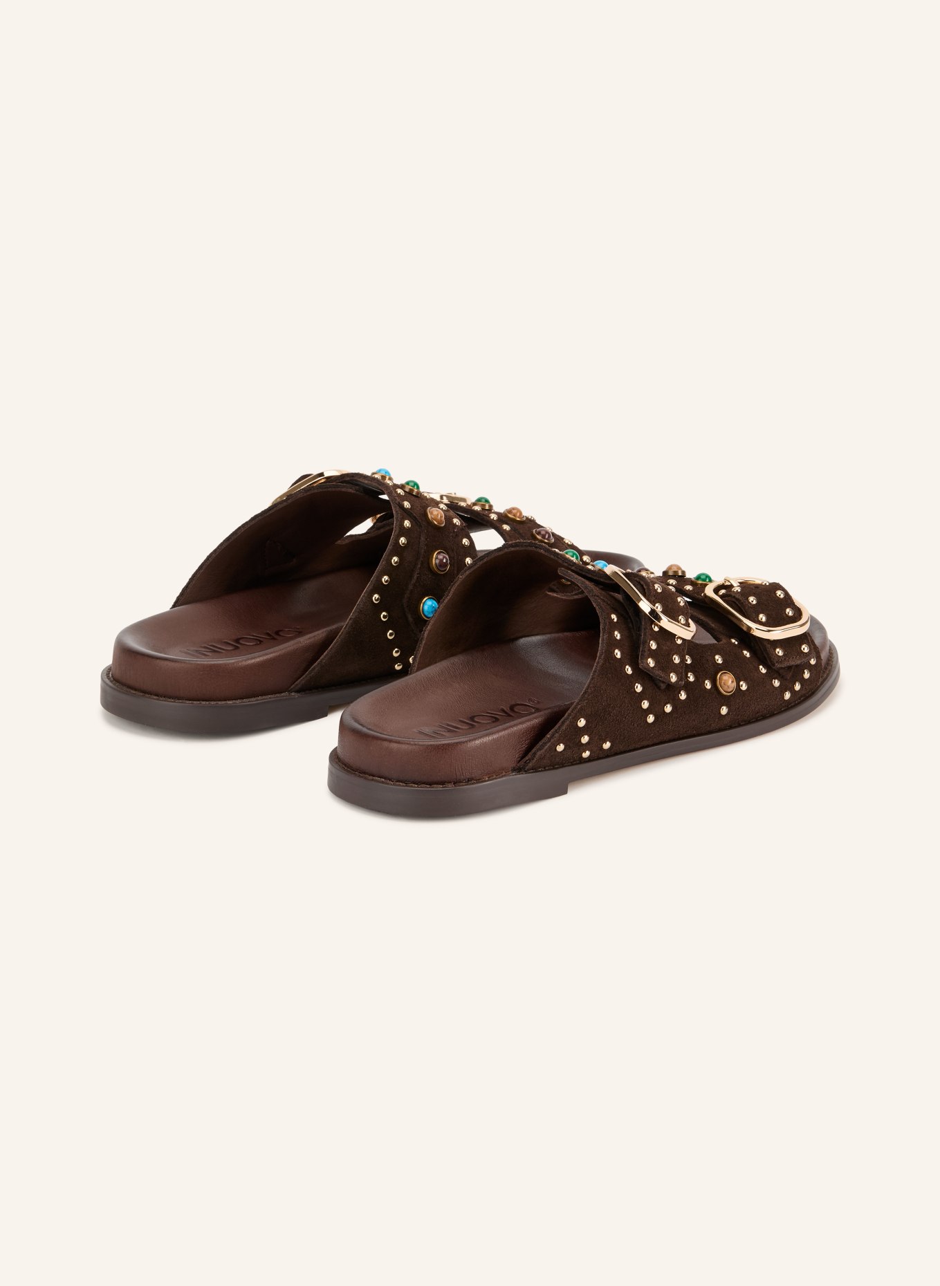 INUOVO Mules med strass och nitar: MÖRKBRUN / GULD / MÖRKGRÖN