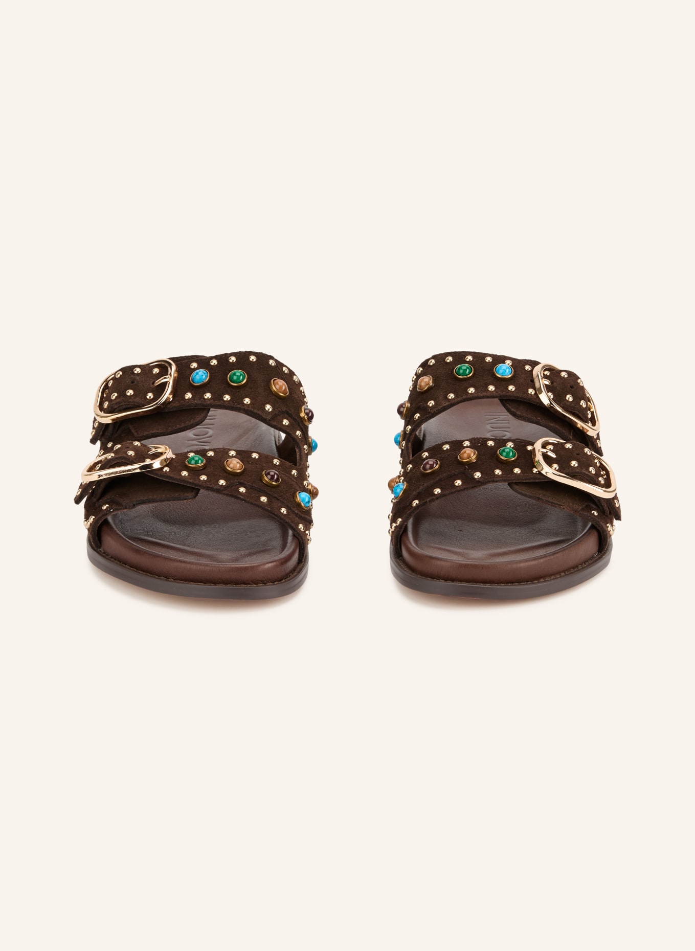 INUOVO Mules med strass och nitar: MÖRKBRUN / GULD / MÖRKGRÖN
