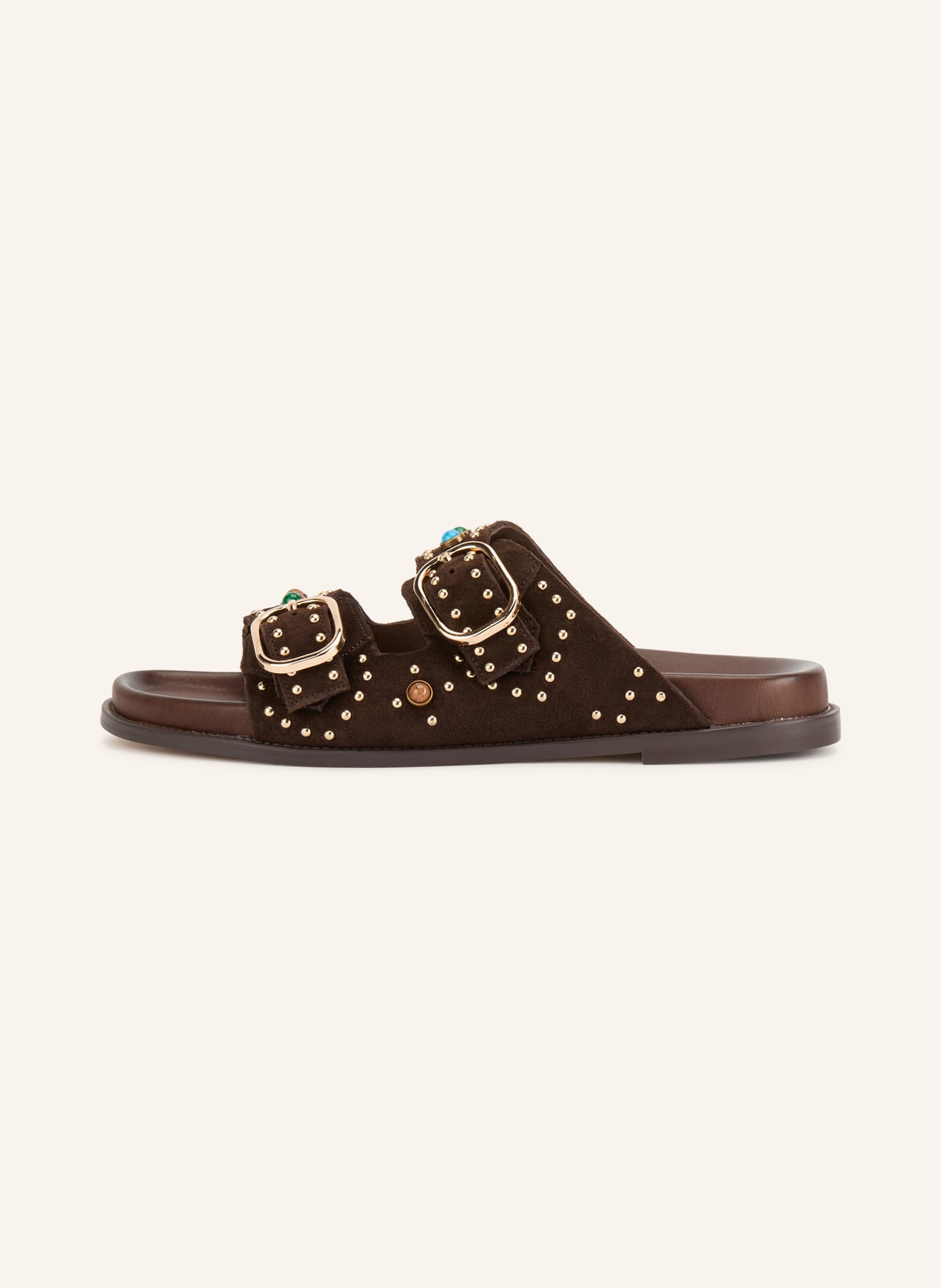 INUOVO Mules med strass och nitar: MÖRKBRUN / GULD / MÖRKGRÖN