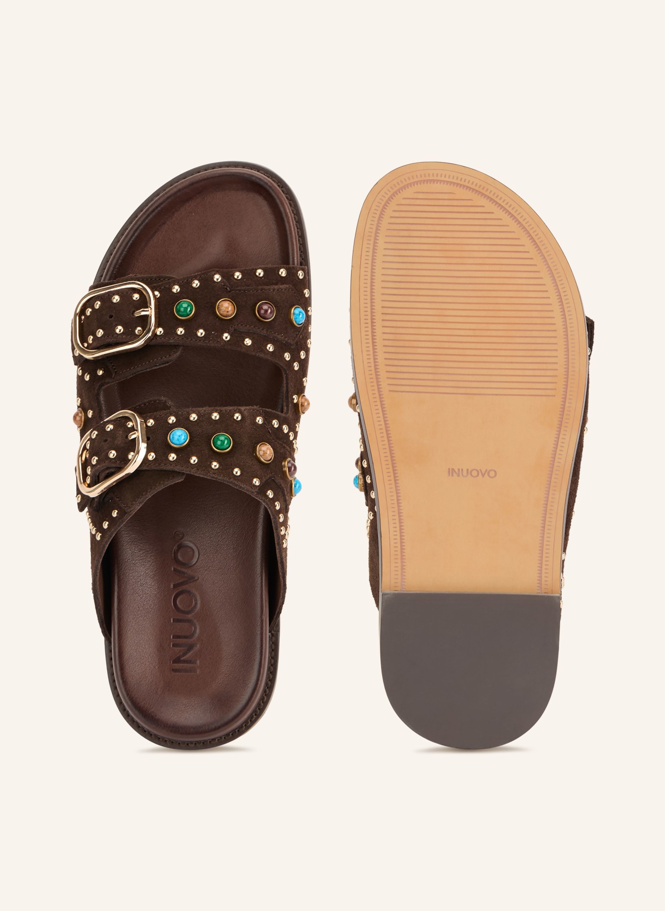 INUOVO Mules med strass och nitar: MÖRKBRUN / GULD / MÖRKGRÖN