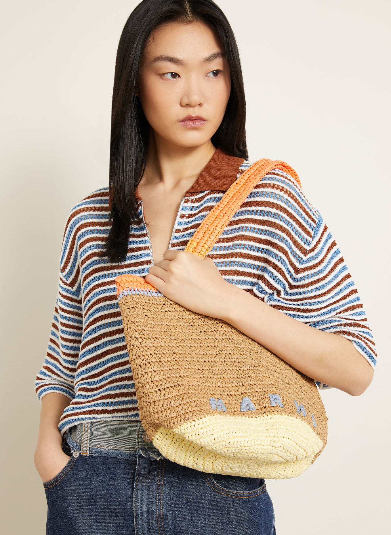 MARNI Geantă tip sac SMALL: BEJ / PORTOCALIU / ALBASTRU DESCHIS