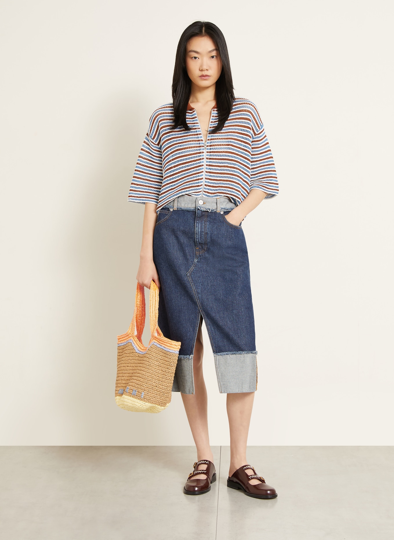 MARNI Geantă tip sac SMALL: BEJ / PORTOCALIU / ALBASTRU DESCHIS