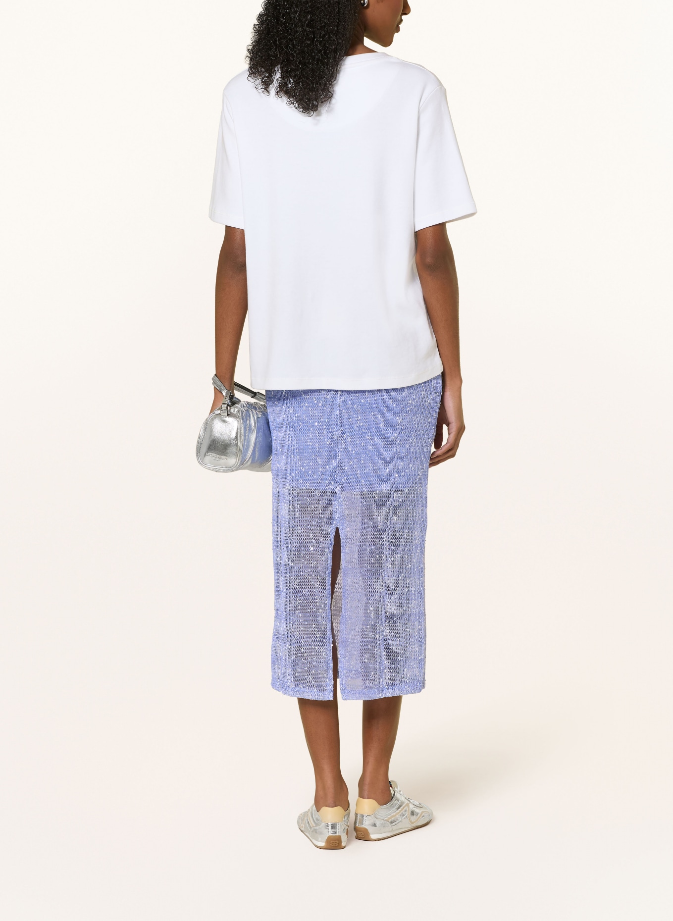 ICHI IHPILOUA knit skirt with sequins: LIGHT BLUE / WHITE
