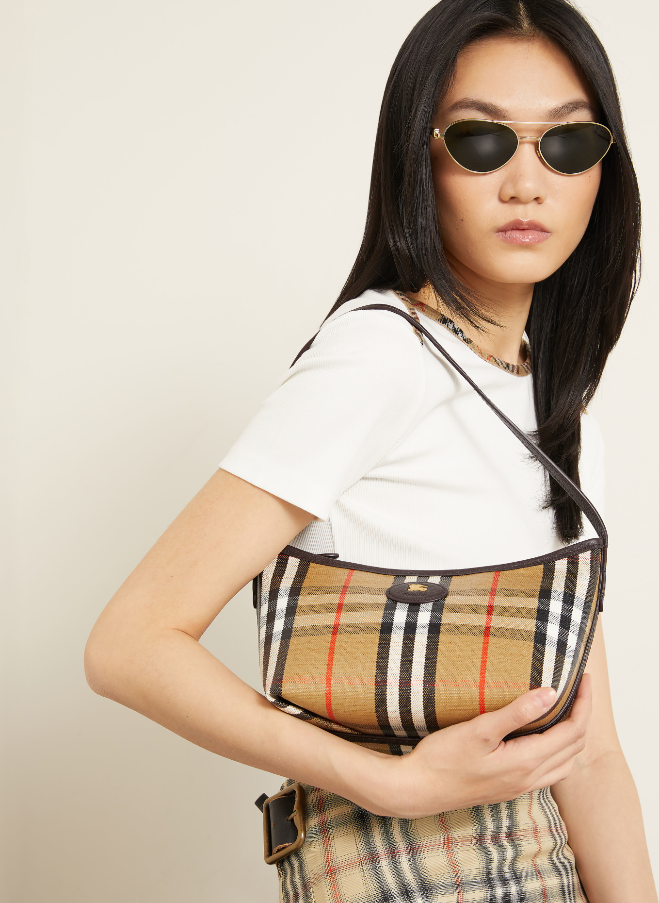 BURBERRY Geantă de umăr HIGHLANDS MINI: CAMEL / ROȘU / NEGRU