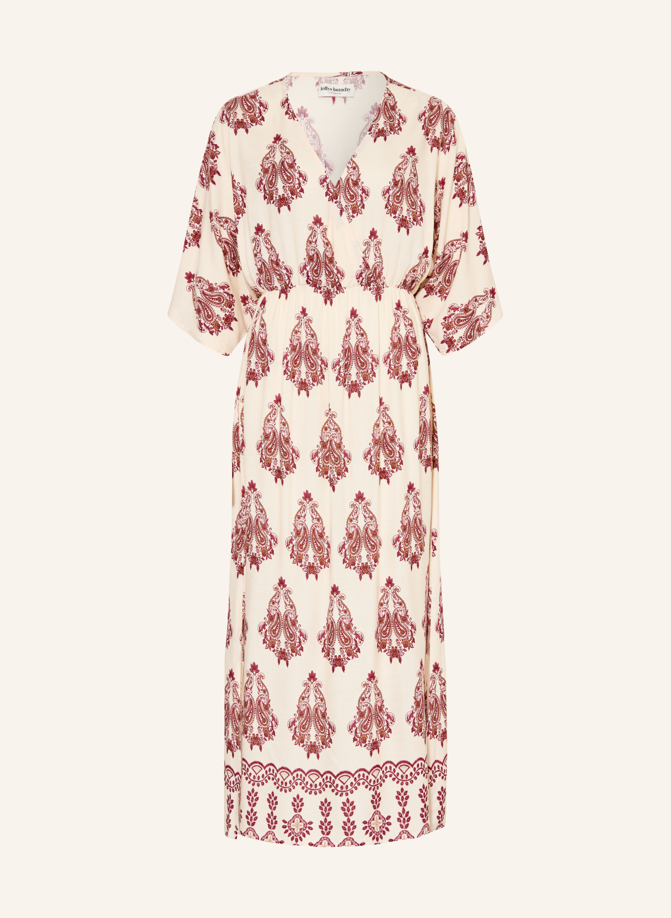 lollys laundry SAVANNAHLL wrap-style dress with 3/4 sleeves: ECRU / LIGHT BROWN / DARK RED