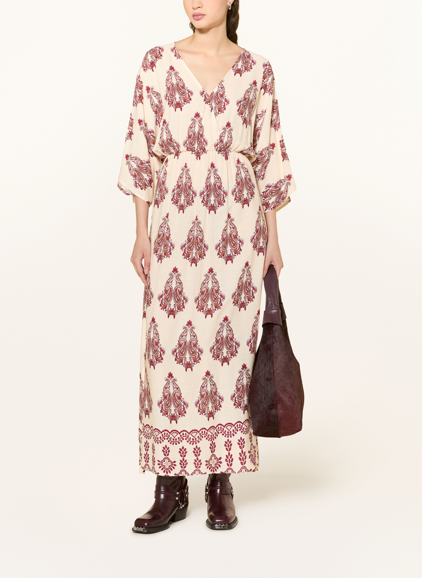 lollys laundry SAVANNAHLL wrap-style dress with 3/4 sleeves: ECRU / LIGHT BROWN / DARK RED