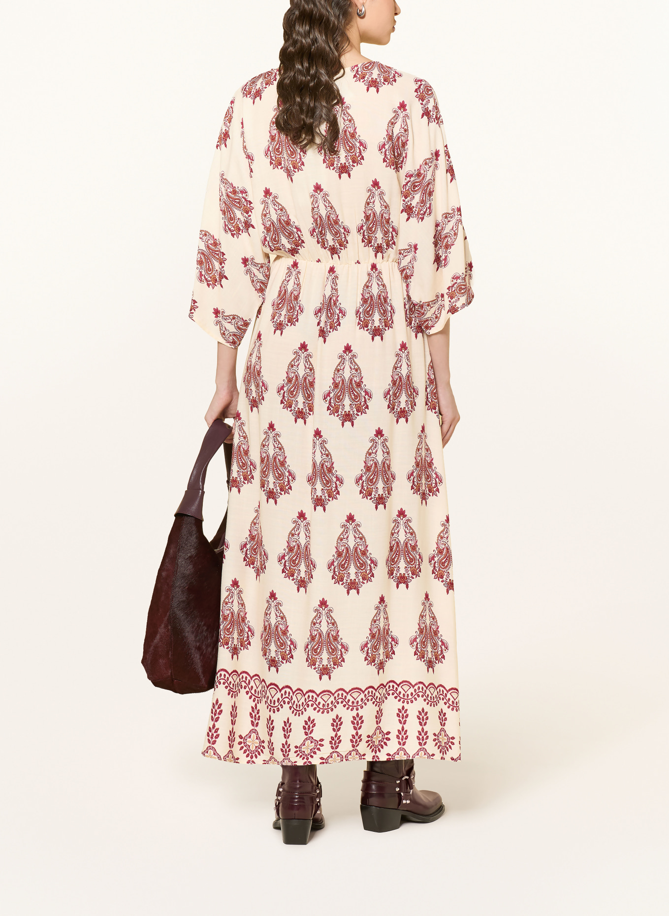 lollys laundry SAVANNAHLL wrap-style dress with 3/4 sleeves: ECRU / LIGHT BROWN / DARK RED
