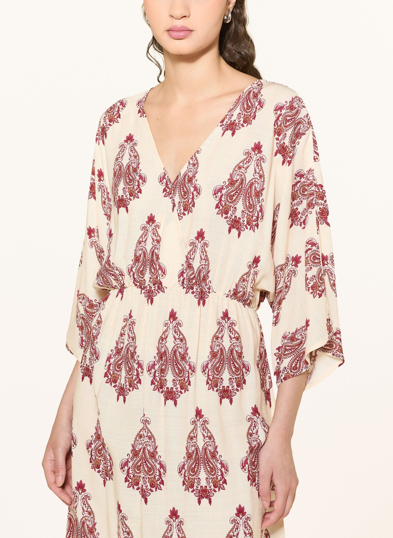 lollys laundry SAVANNAHLL wrap-style dress with 3/4 sleeves: ECRU / LIGHT BROWN / DARK RED
