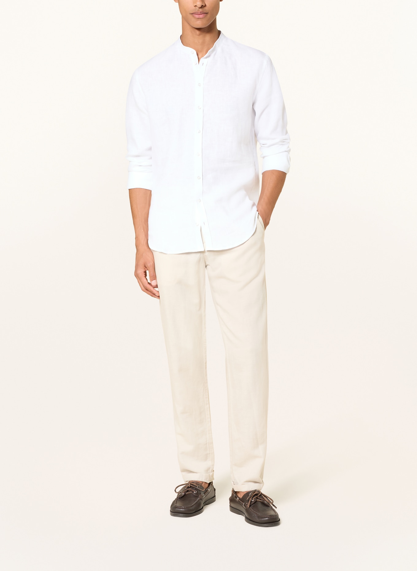 Q1 Manufaktur Linen Shirt, Slim Relaxed Fit with Stand-Up Collar: WHITE