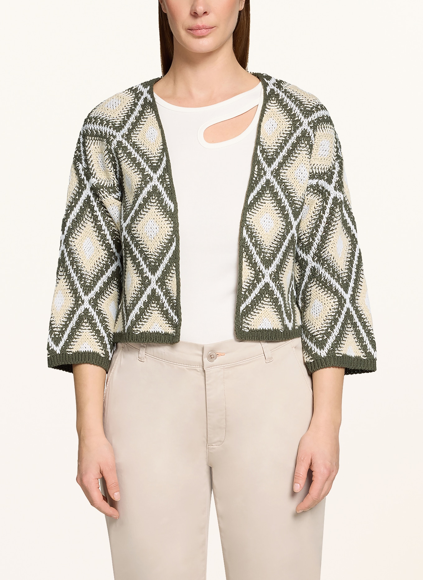 CARTOON Knit cover-up with 3/4 sleeves: BEIGE / GREEN / WHITE