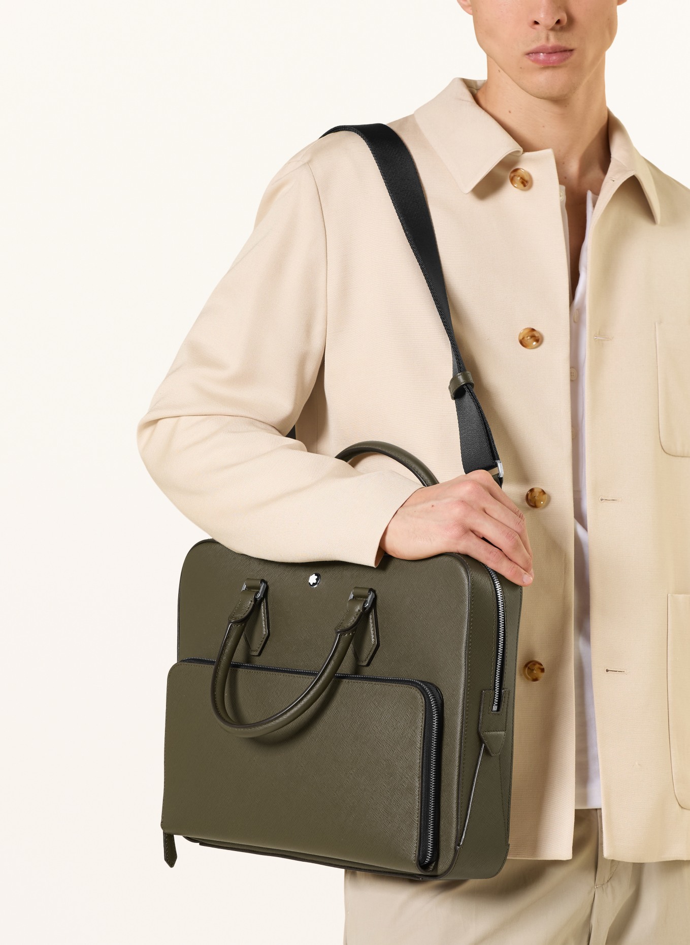 MONTBLANC Taška na notebook Saffiano SARTORIAL: KHAKI / STŘÍBRNÁ / ČERNÁ