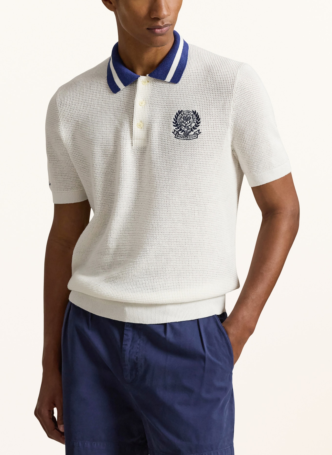 POLO RALPH LAUREN Strick-Poloshirt: WEISS / DUNKELBLAU