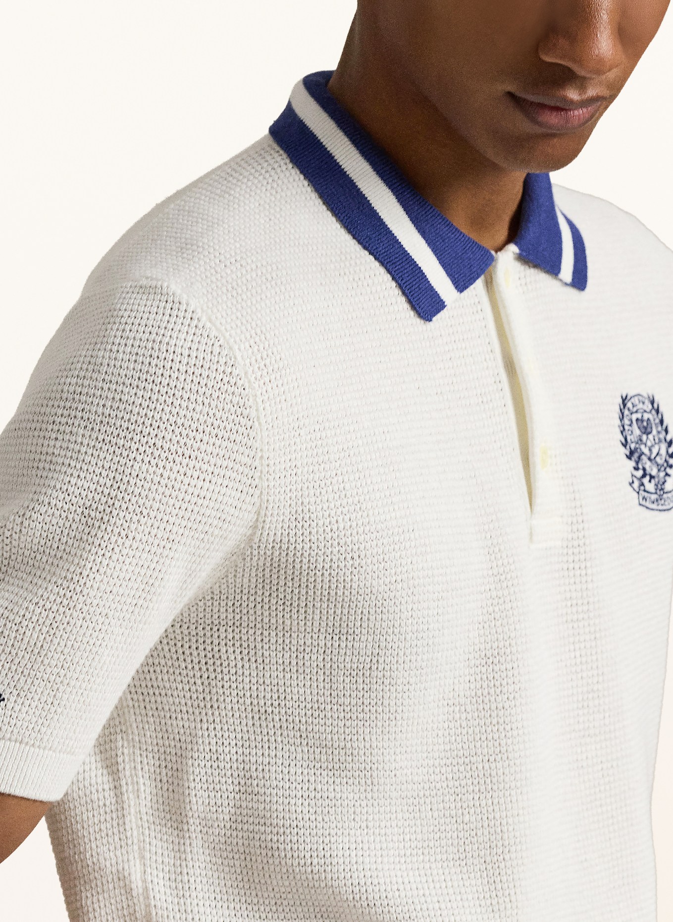 POLO RALPH LAUREN Strick-Poloshirt: WEISS / DUNKELBLAU