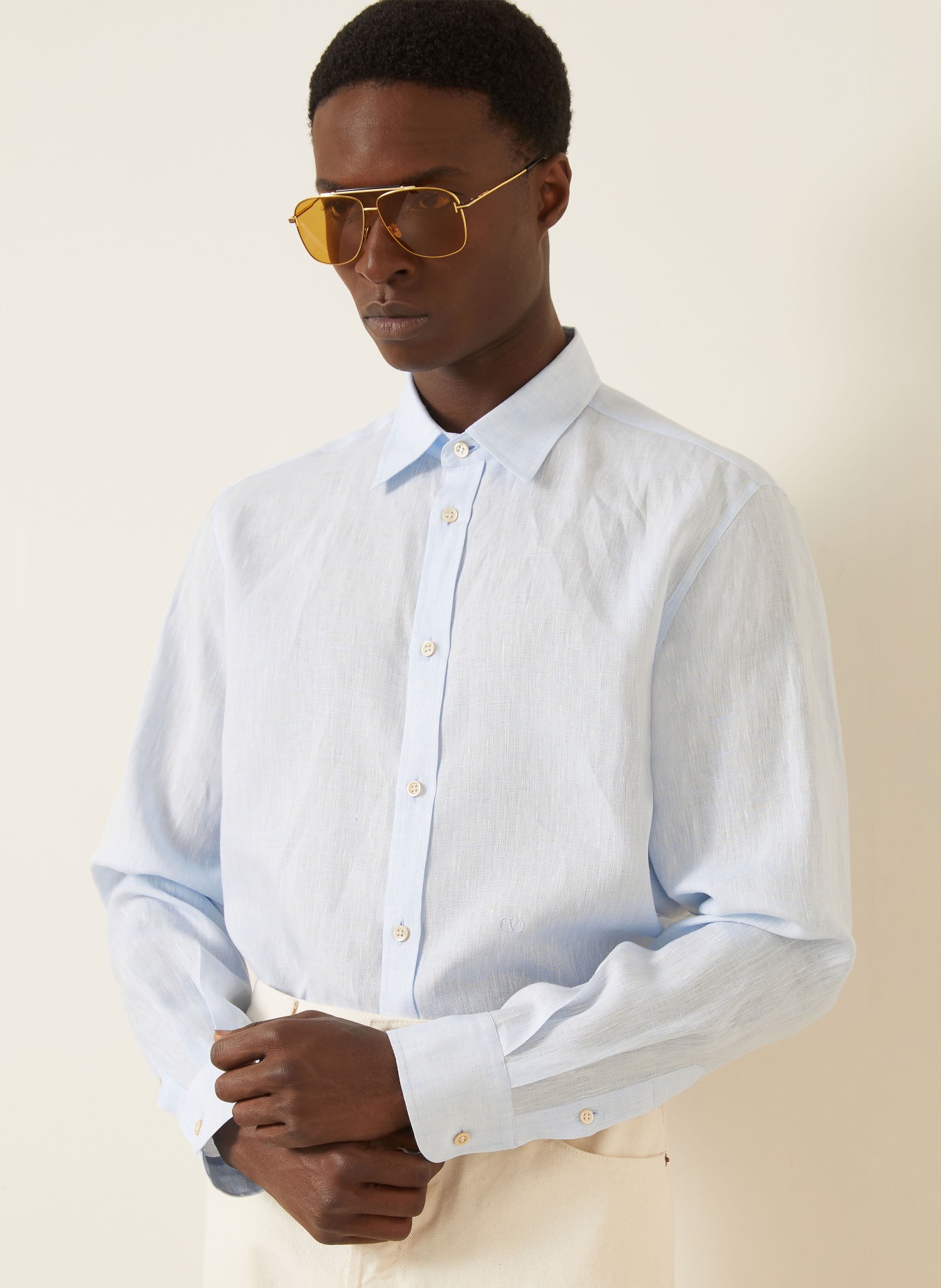 VALENTINO Lněná košile VLOGO SIGNATURE Comfort Fit: TMAVĚ MODRÁ